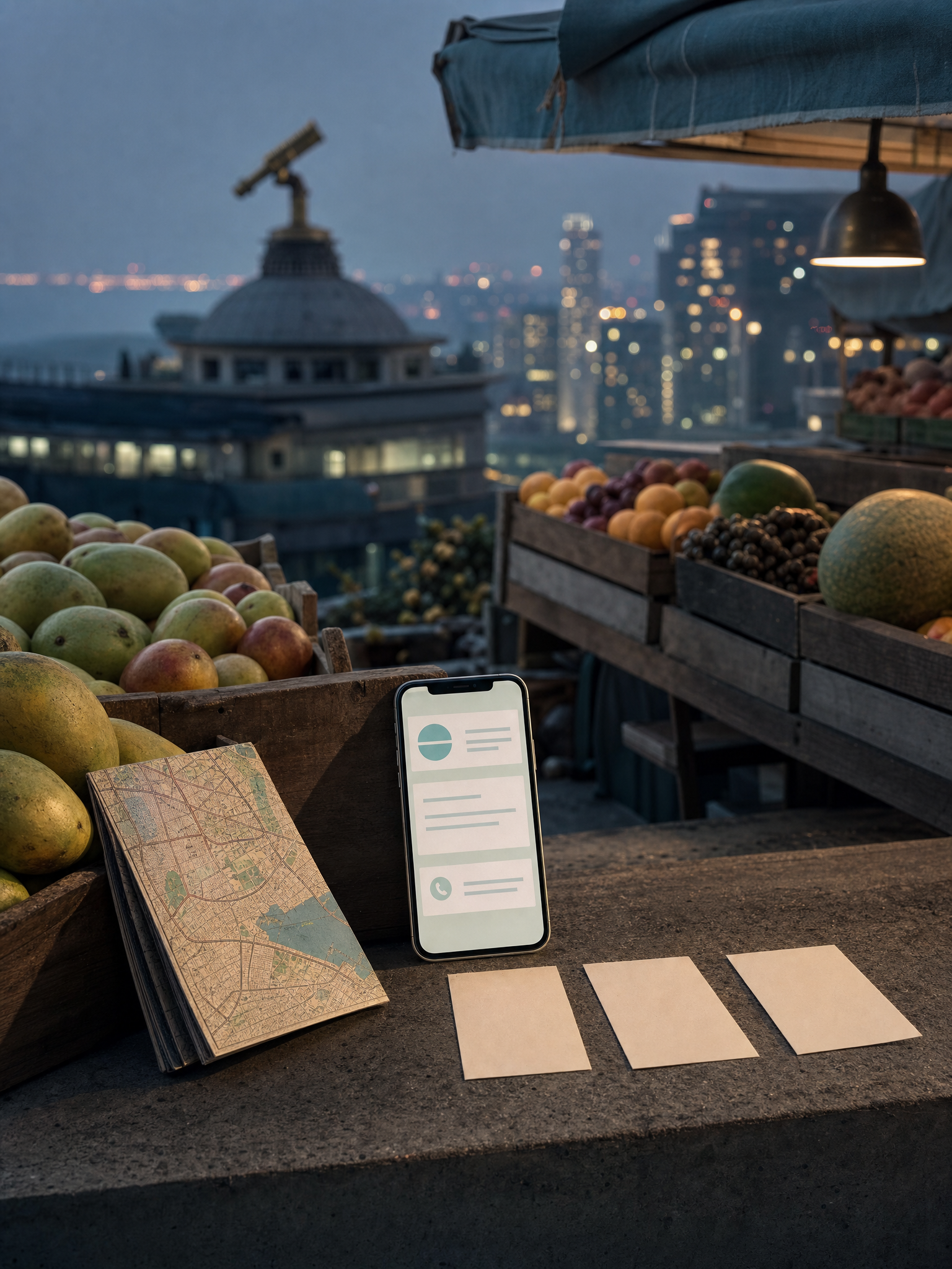 Mumbai market counter with a phone and route card representing practical profile details