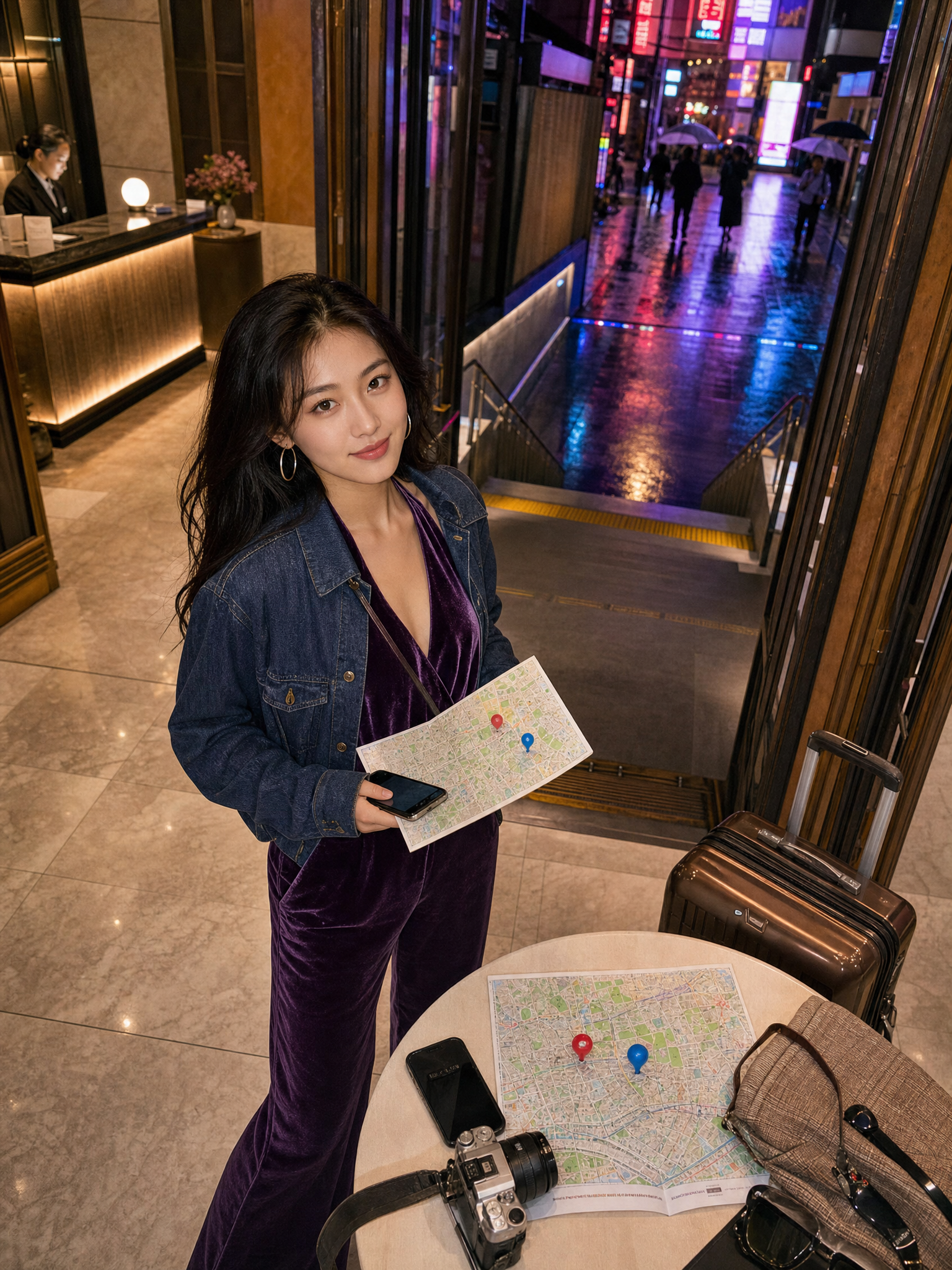 Adult woman comparing two Tokyo area options beside a neon-lit underground-passage entrance.