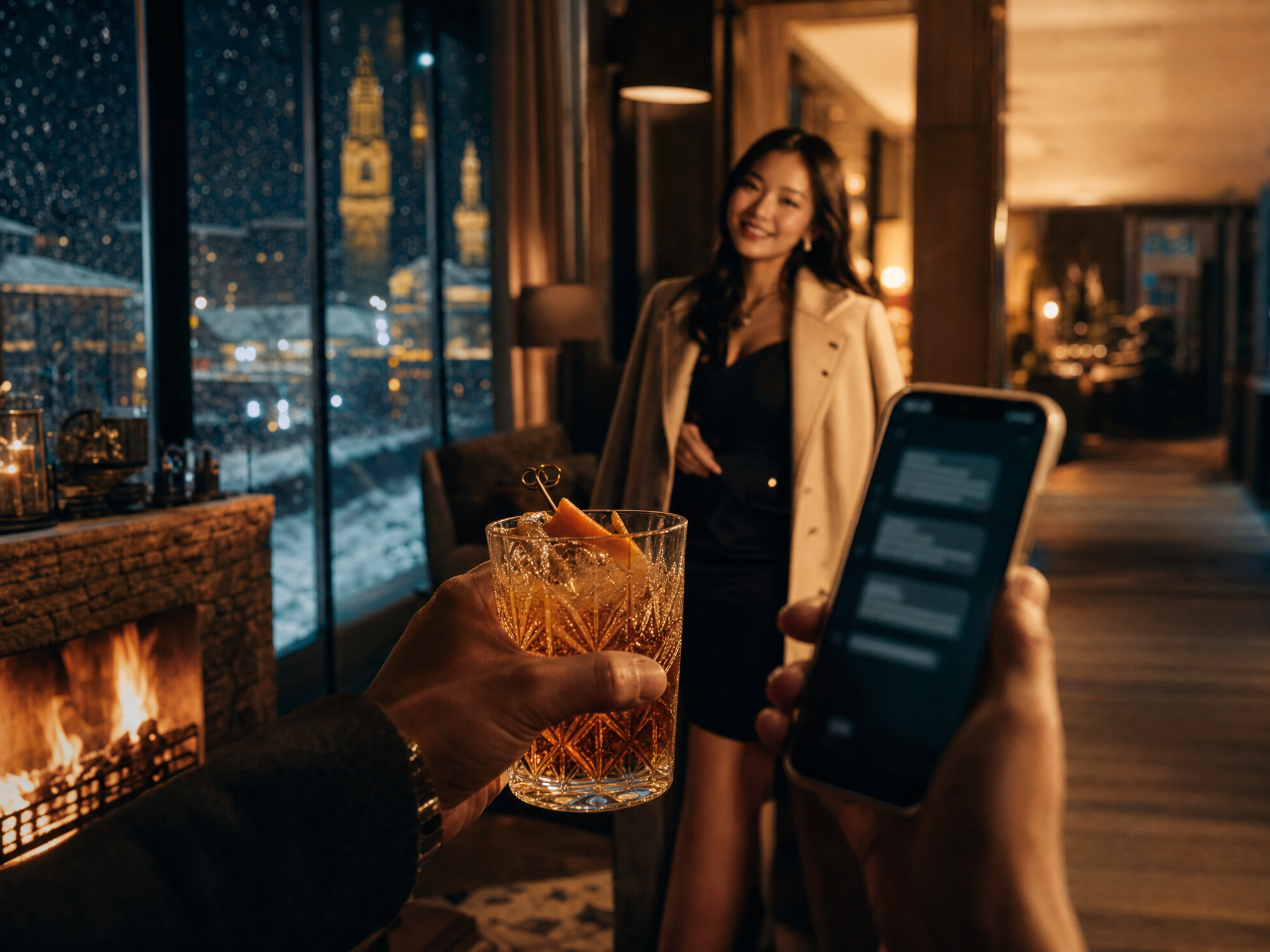 Adult woman in a Budapest winter lounge beside a phone arranged with four concise message points