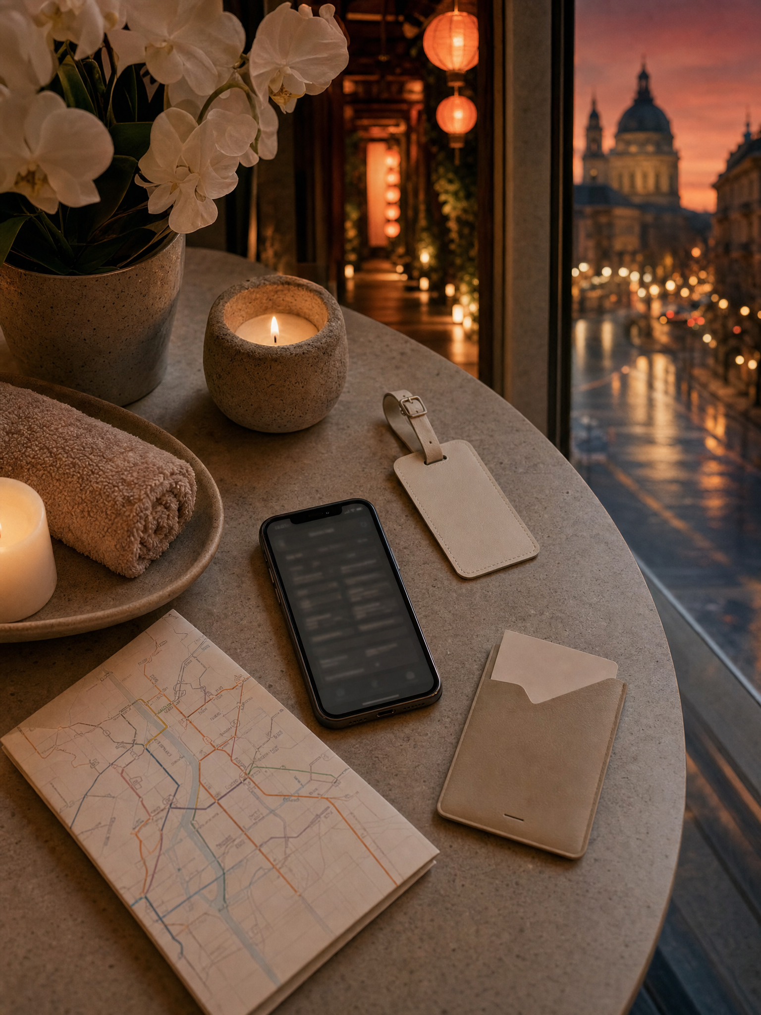 Budapest travel-planning flat lay with a phone, luggage tag, transit map, candles, and orchids