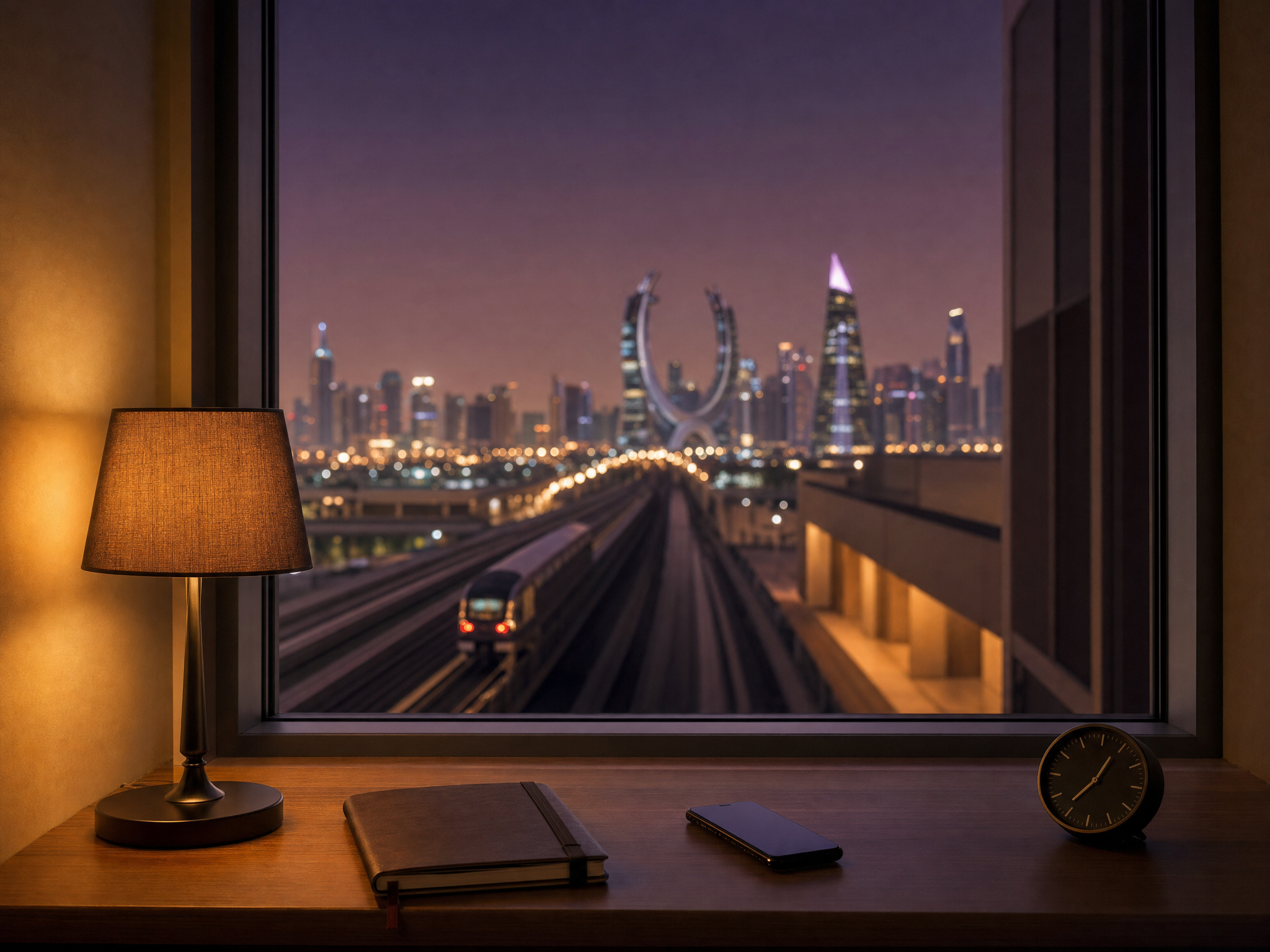 Quiet Doha hotel-room window view with a dark phone and clock at night