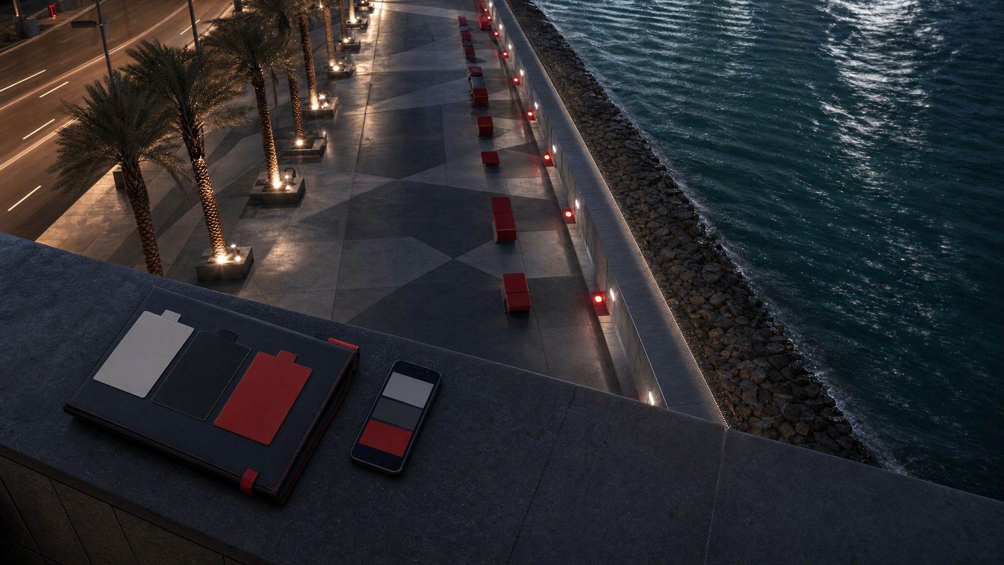 High-angle view of Doha Corniche promenade with route markers and comparison cards