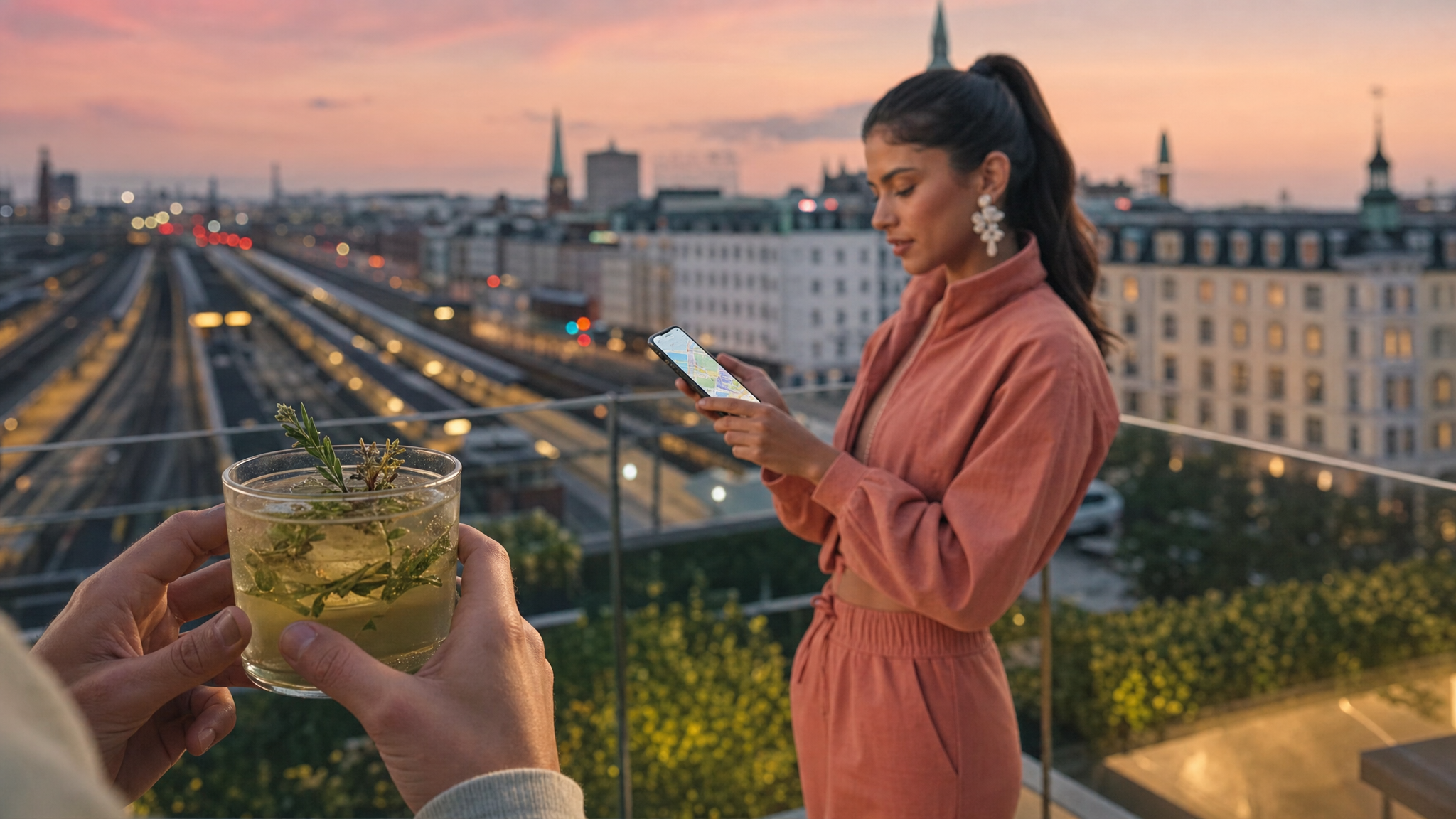 Woman using a route map on her phone from a Copenhagen wellness terrace