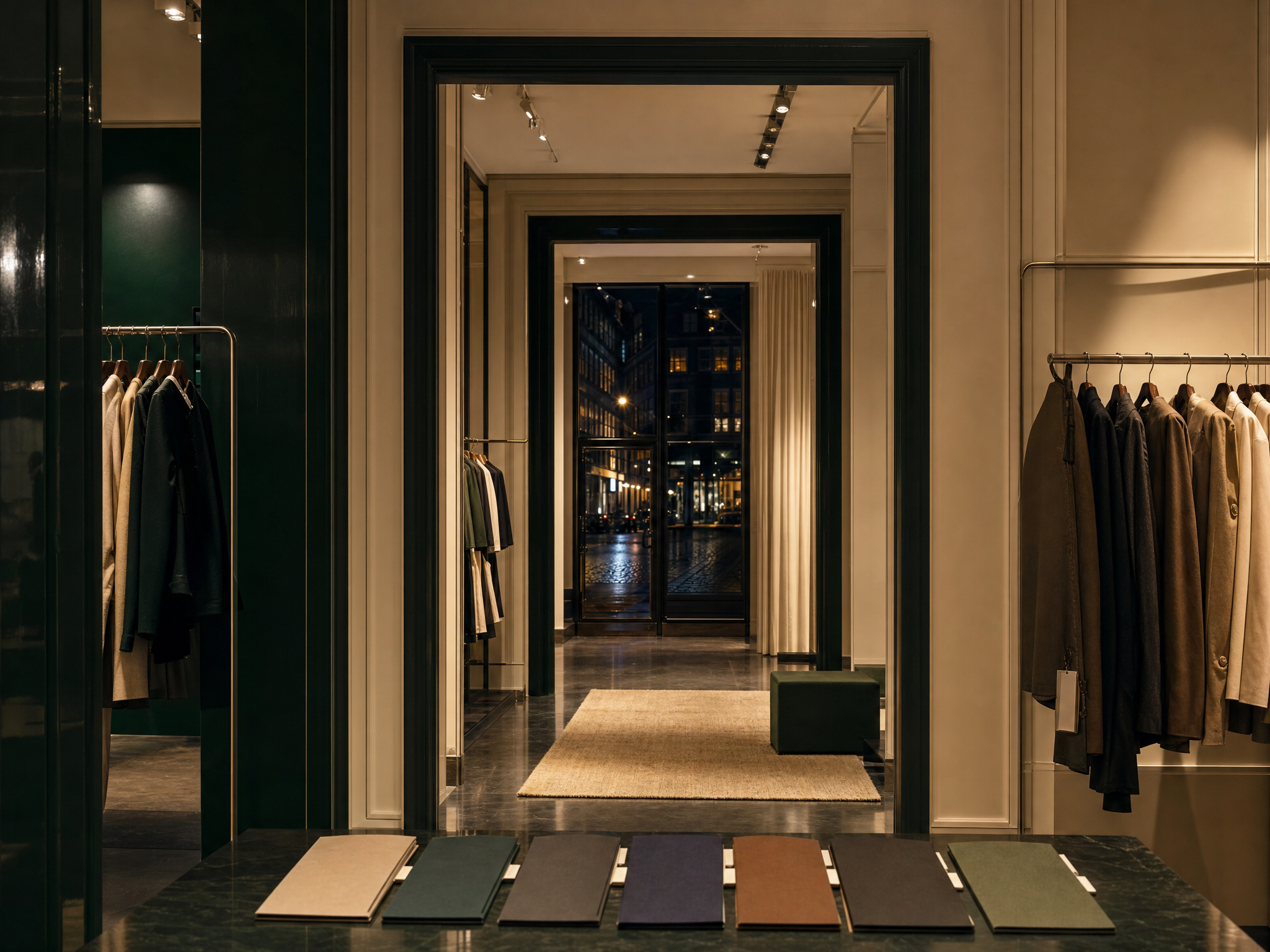 Empty Copenhagen boutique fitting area with curated category-like displays