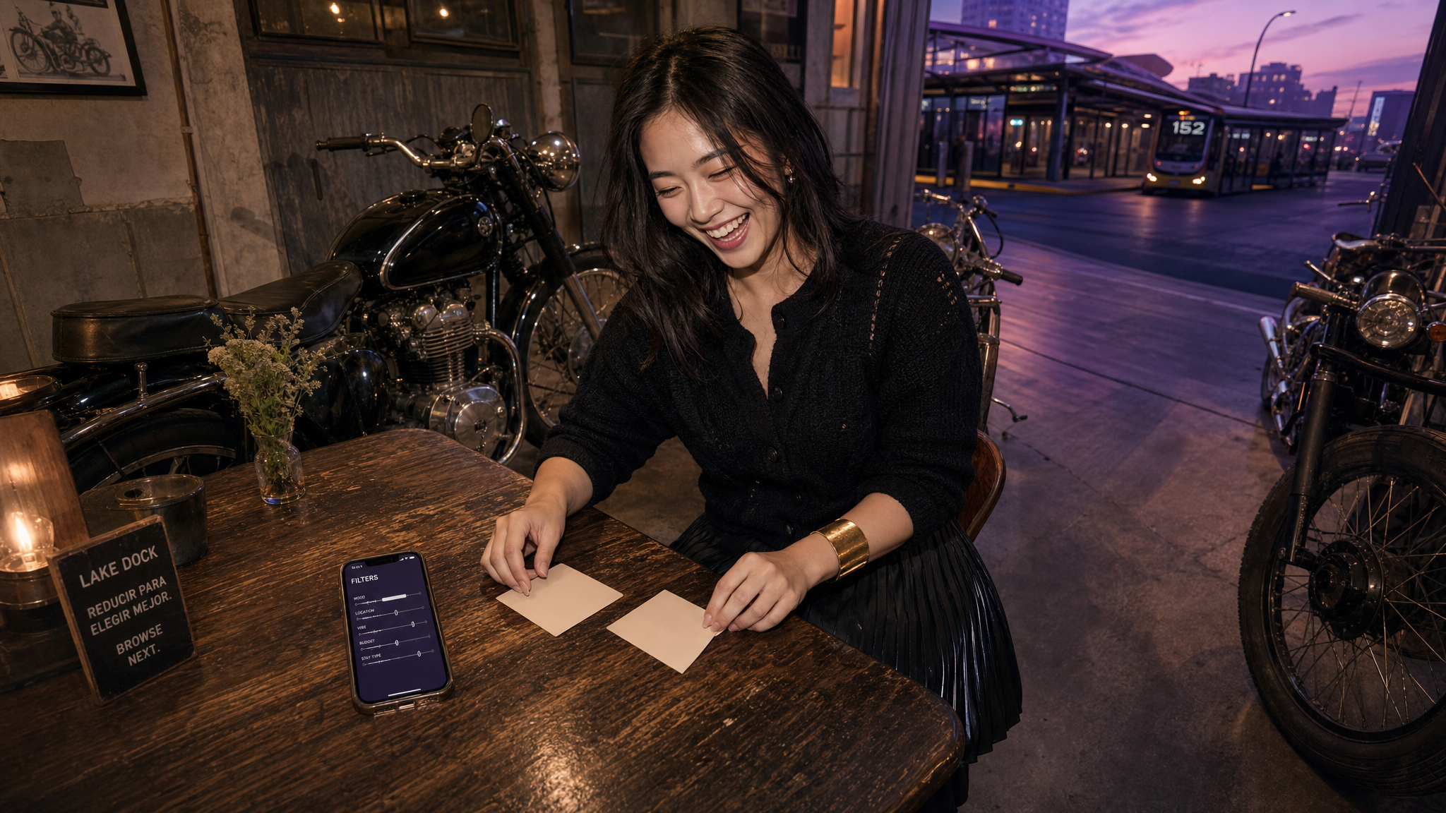 Woman comparing two category cues on a phone inside a Buenos Aires motorcycle cafe garage.