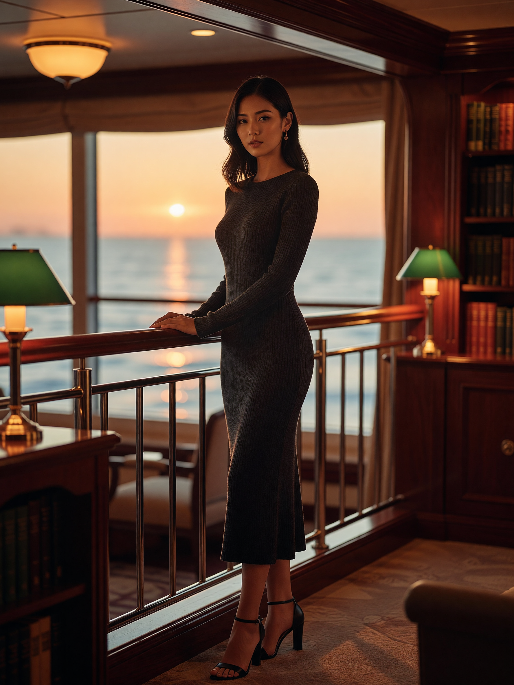 A woman in a knit dress standing in a cruise ship library overlooking the ocean.