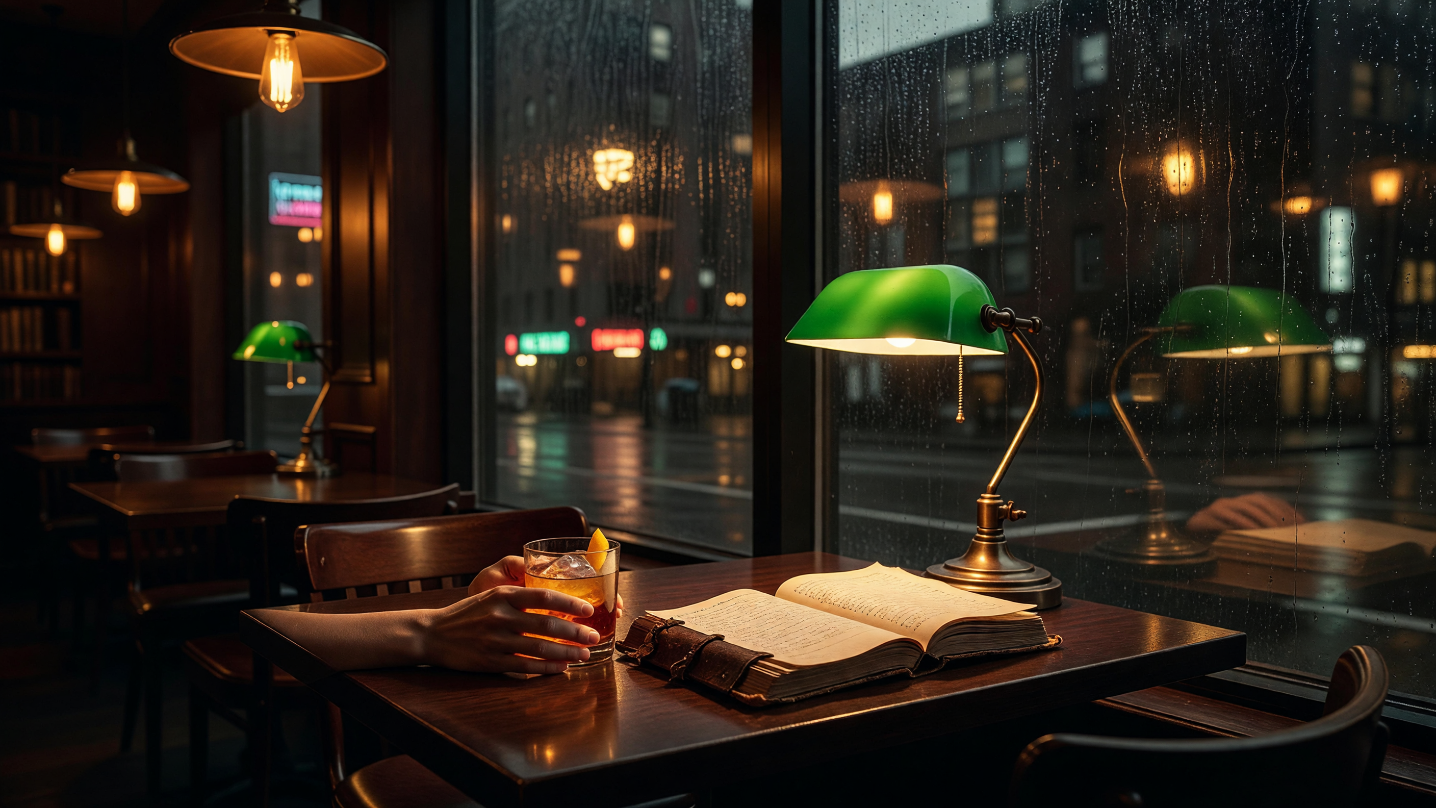 A cocktail and an audit ledger on a cafe table with rain on the window.