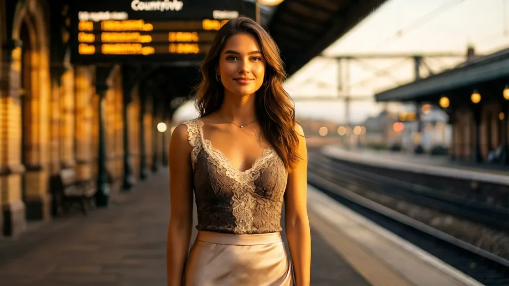 A confident young woman in elegant silk and lace attire at a golden hour train station.