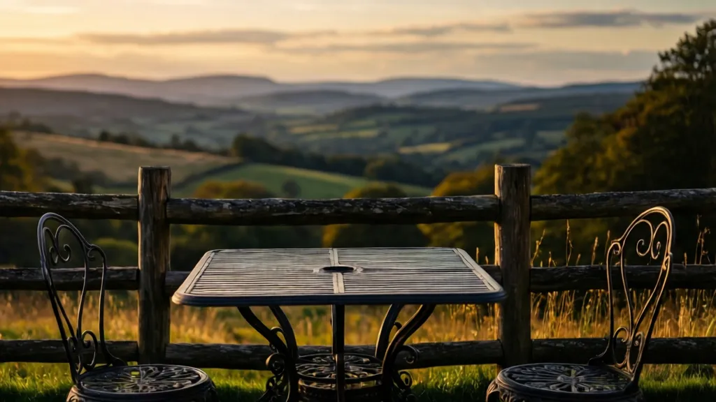 An empty, sun-drenched terrace at a countryside inn overlooking rolling green hills.