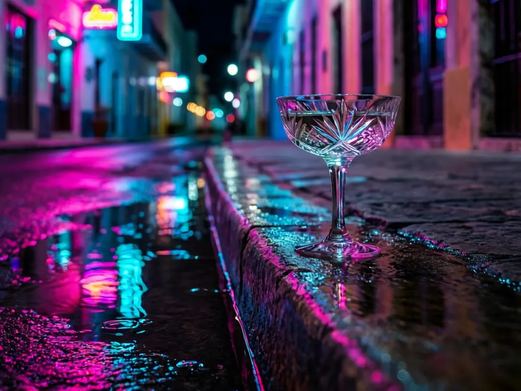 Close-up of a cocktail in a neon-lit Cancun alleyway at night.