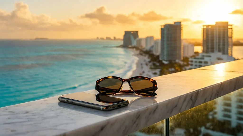 Luxury rooftop terrace overlooking the Cancun Hotel Zone and Caribbean Sea at sunset.