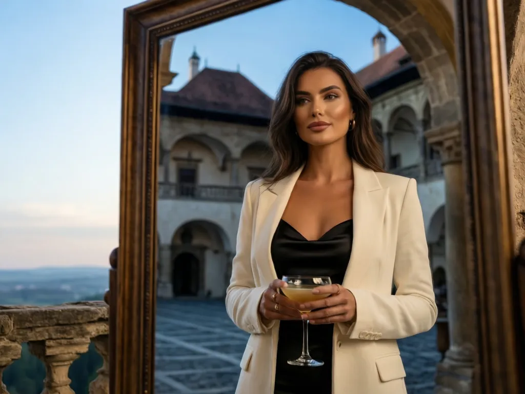 Elegant woman reflected in a mirror at a historic Brasov courtyard