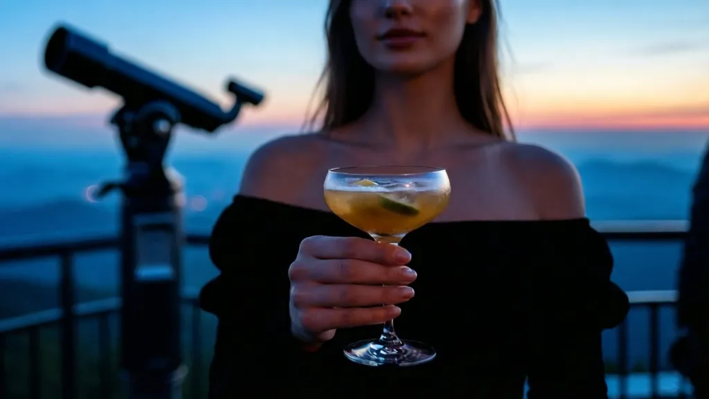 Woman holding a cocktail at the Mount Tampa observatory at twilight