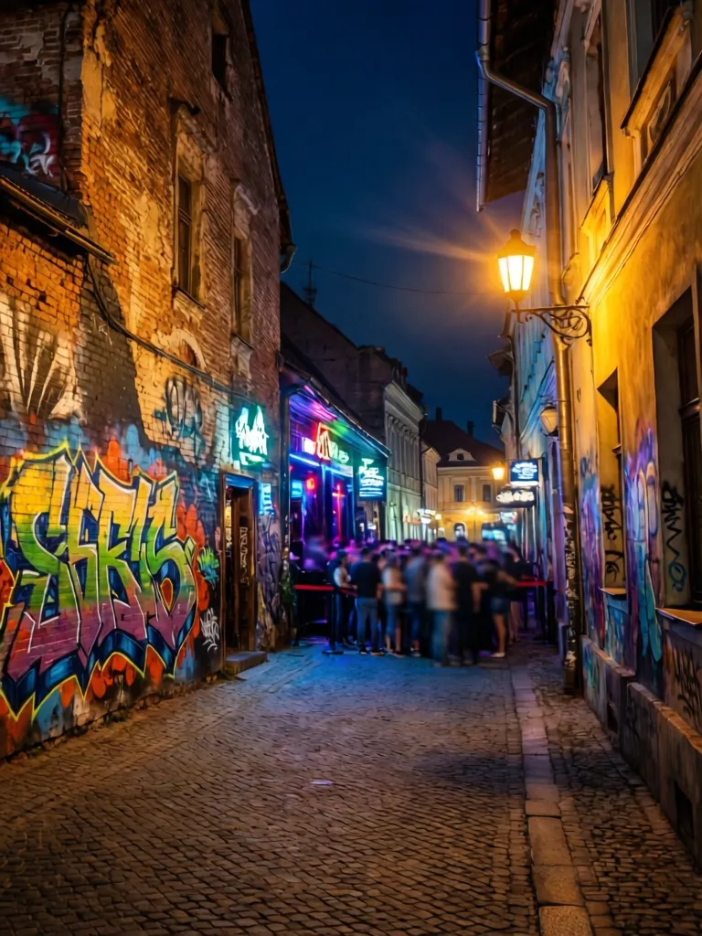 Urban nightlife alleyway in Brasov with neon lights and graffiti