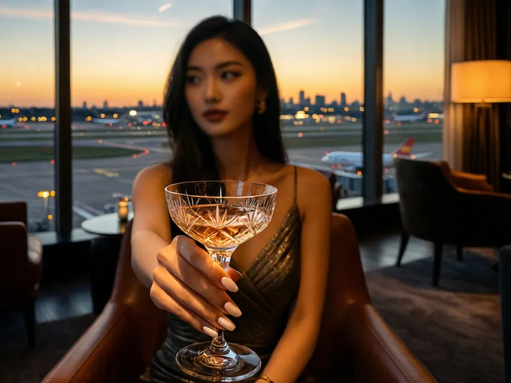 High-end airport lounge in Buenos Aires with a woman holding a cocktail overlooking the runway.