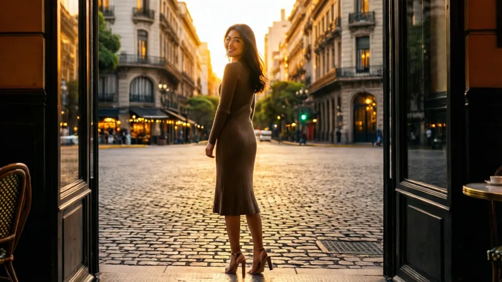 Elegant woman looking out over a Recoleta cobblestone square during golden hour.