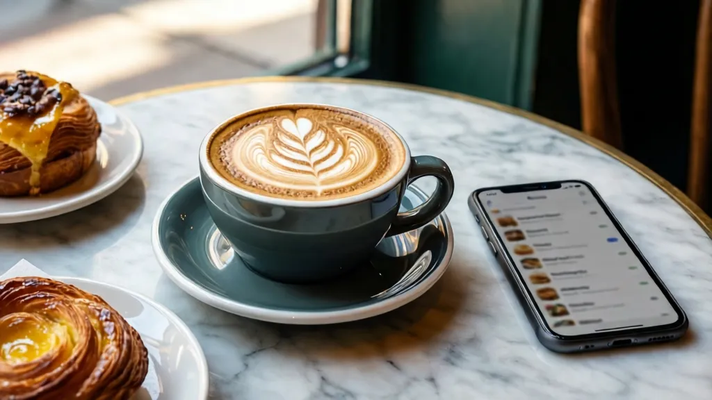 Flat-lay of a latte, pastries, and a smartphone in a bright Buenos Aires cafe.