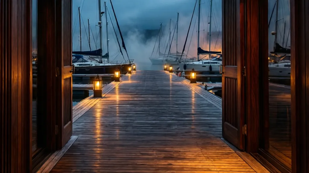 A moody, low-lit view of an empty yacht marina boardwalk through a wooden doorway.
