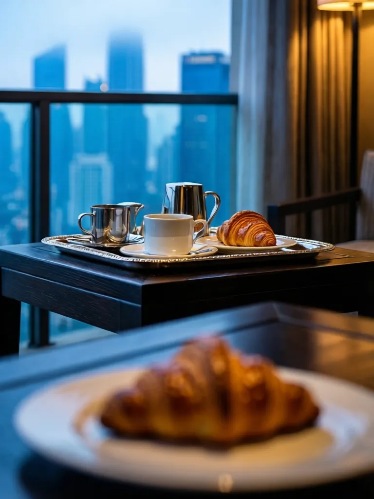 A sophisticated balcony breakfast setup with croissants and coffee overlooking a hazy city.