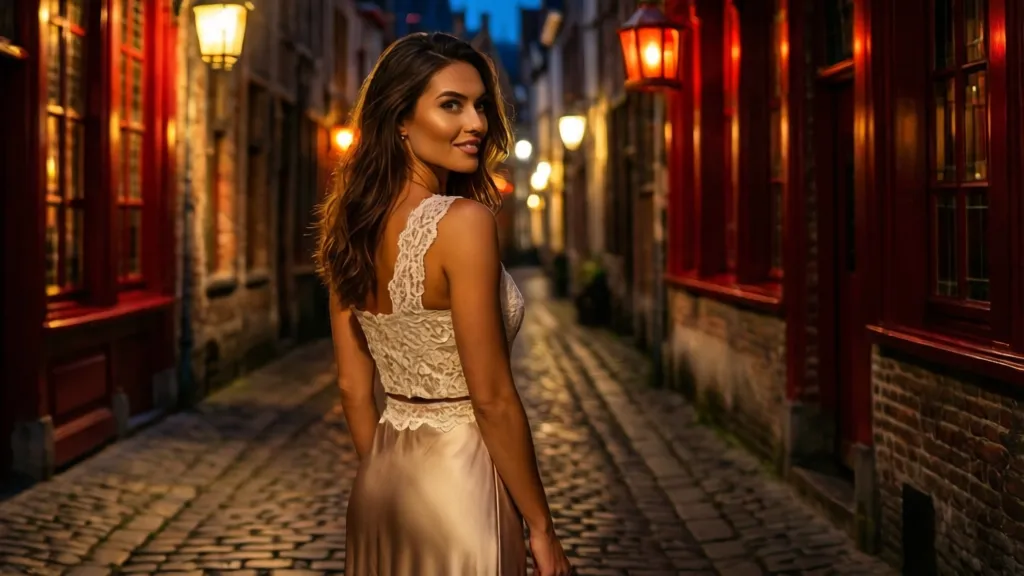 A woman in a lace-trim top looking over her shoulder in a lantern-lit Ghent alley.