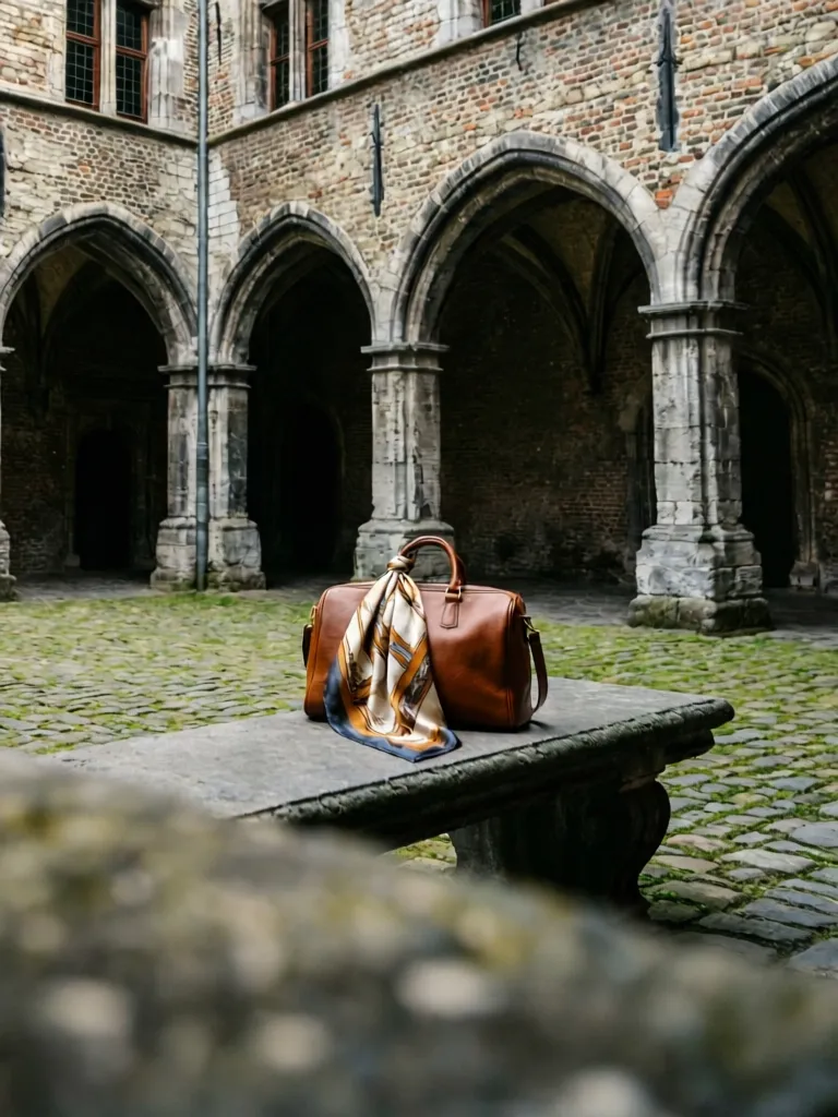 A historic Ghent courtyard with stone arches and high-end travel accessories.