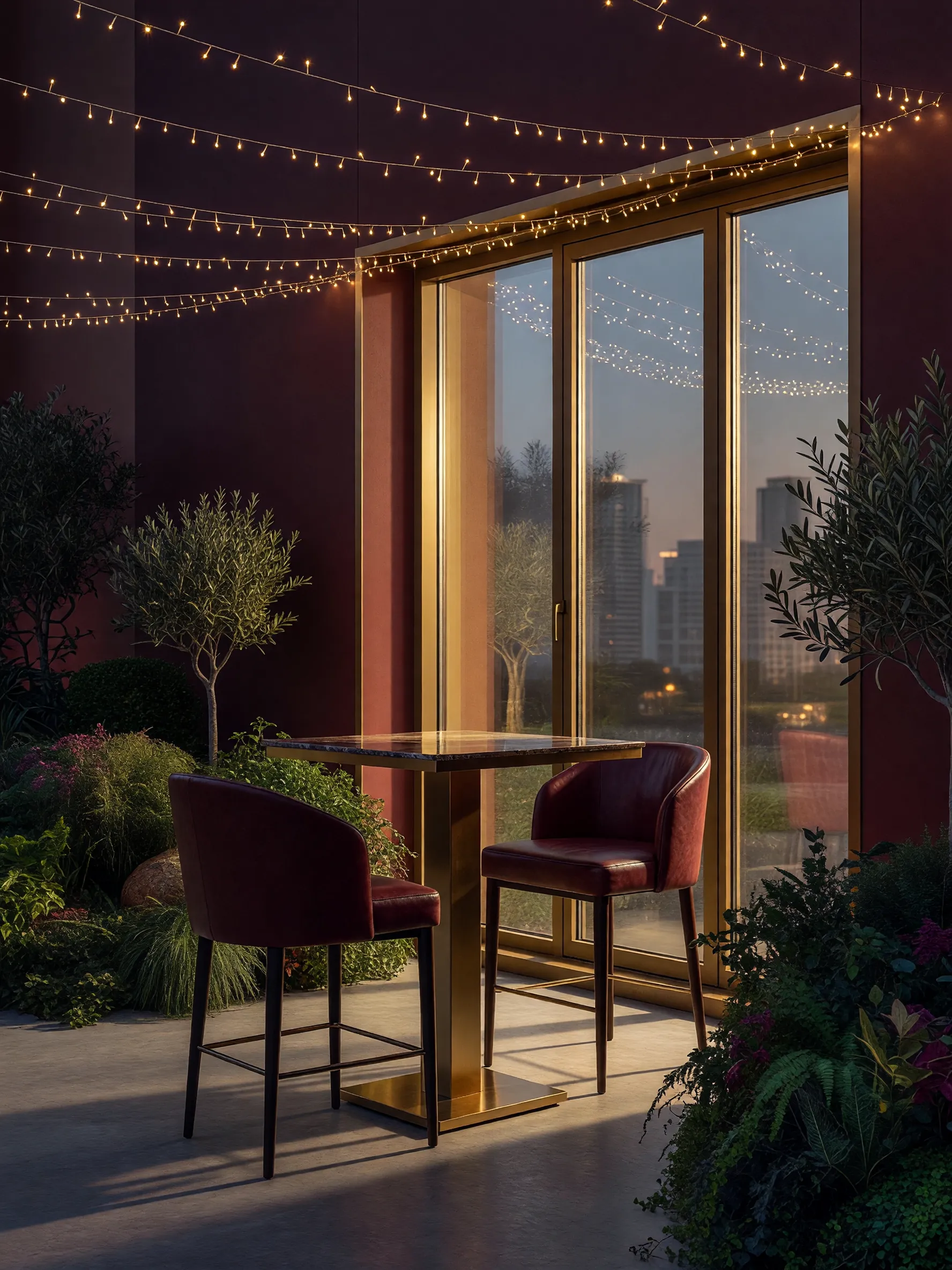 A silhouetted cocktail table and gold-lit window in a luxury Kuwait City wine bar.