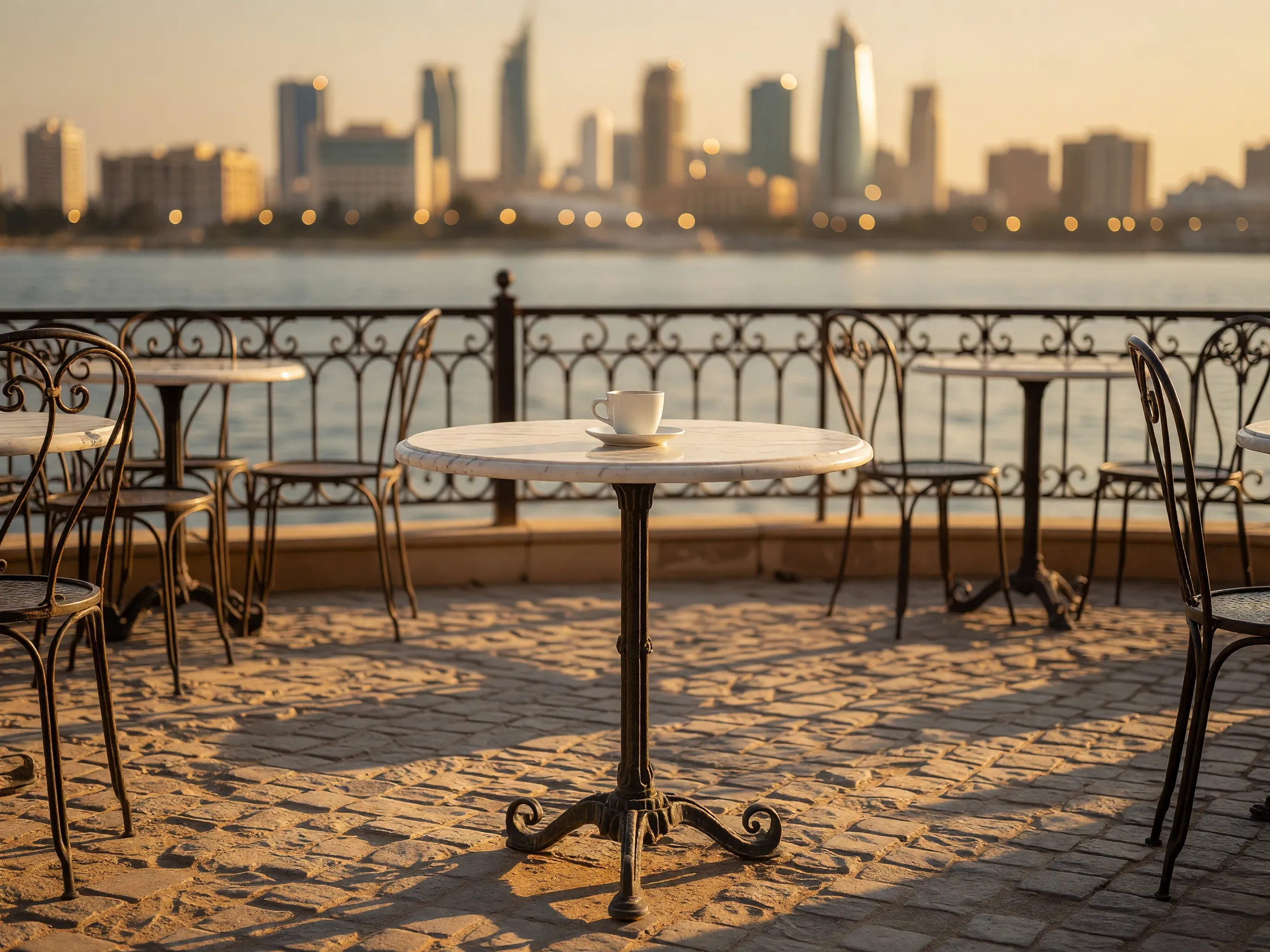 An empty bistro table on a cobblestone terrace with a blurred Kuwait City skyline at sunset.