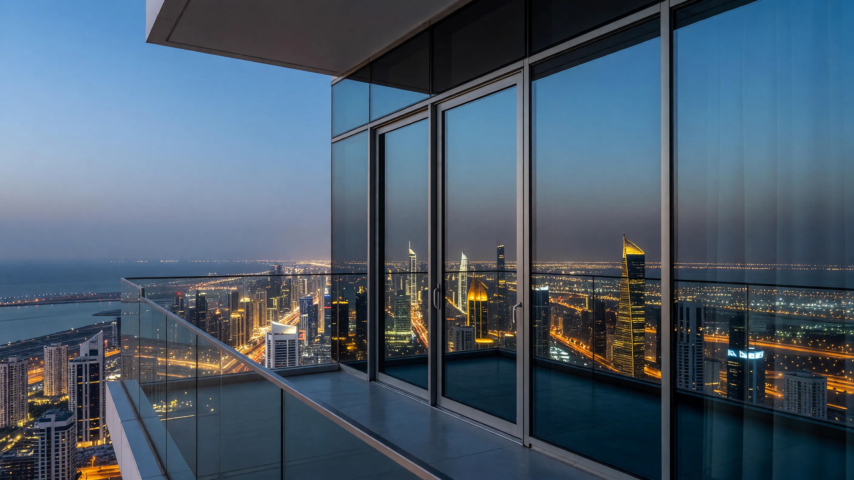 A luxury penthouse balcony reflection showing the Kuwait City skyline at twilight.