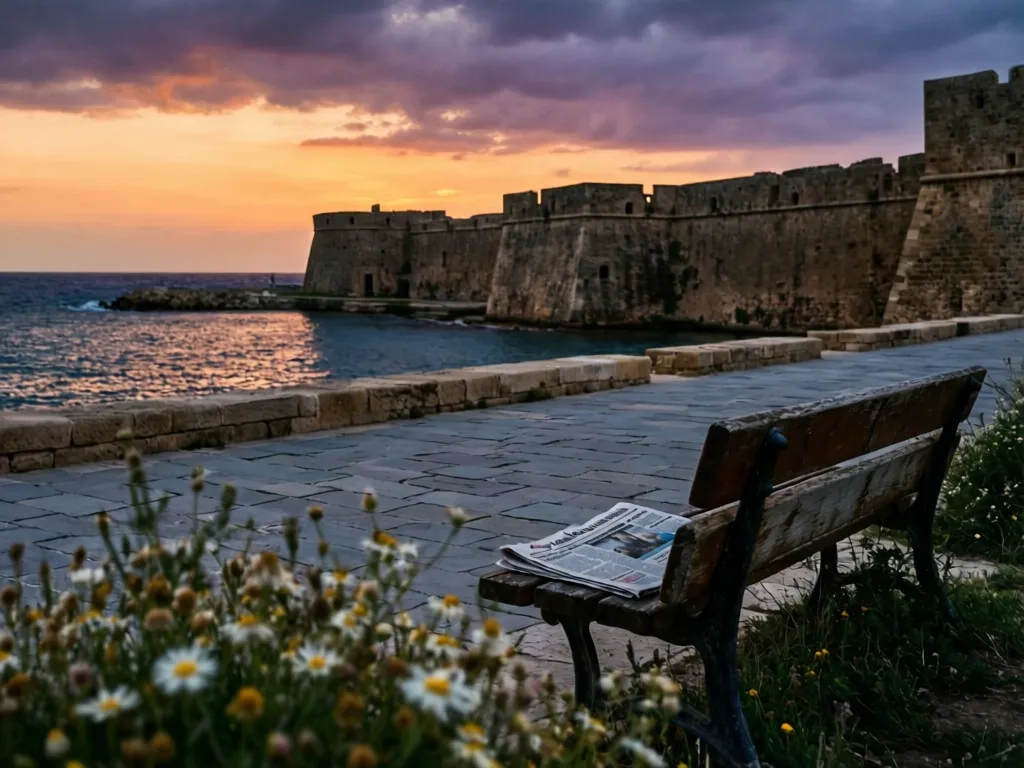The Heraklion waterfront promenade and Koules Fortress at sunset with no people.