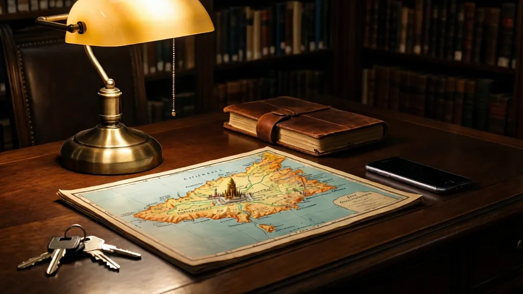 Object flat-lay of a Heraklion city map and vintage library accessories.
