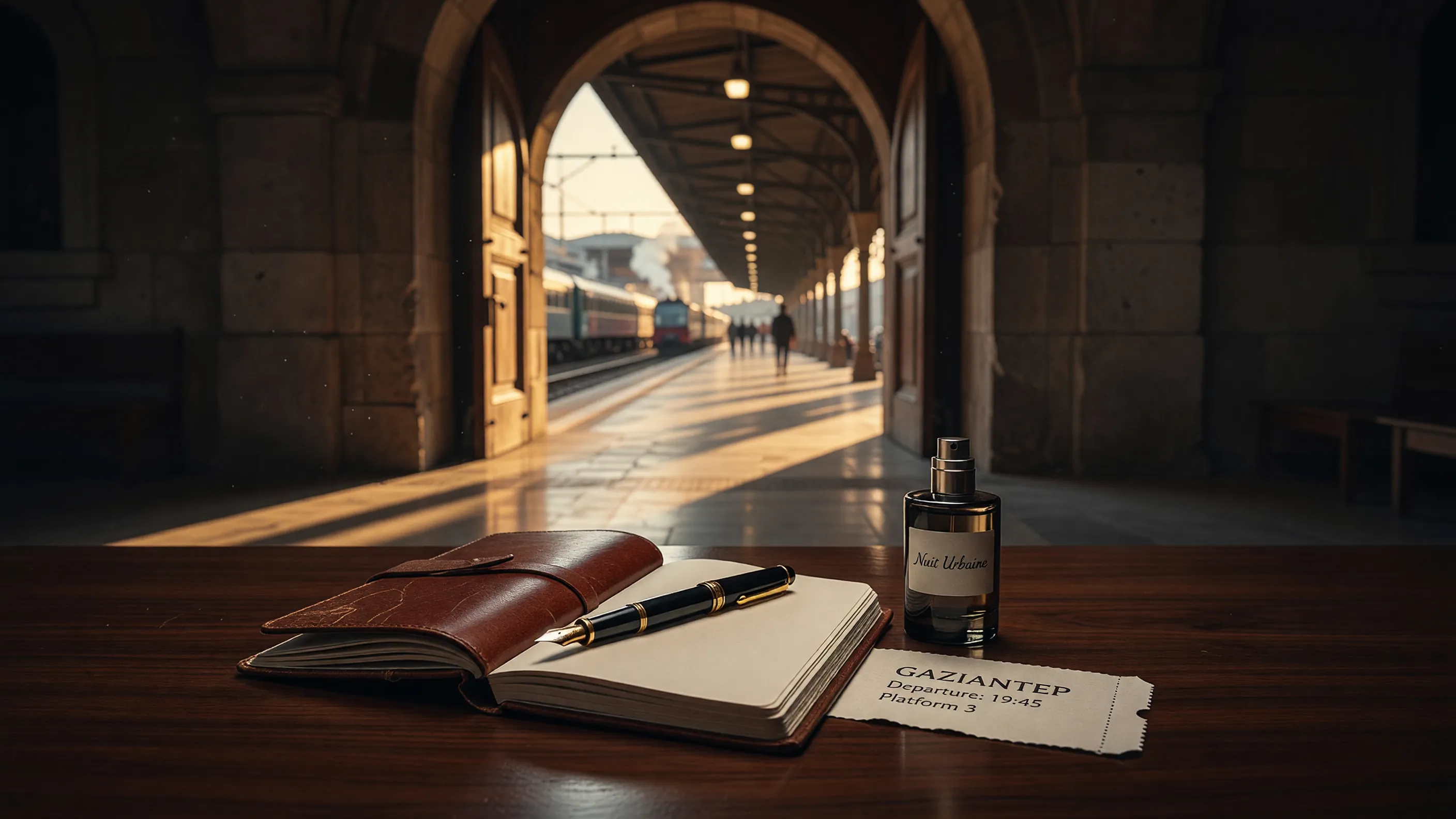 An open leather notebook and travel ticket on a wooden surface in a golden-lit station entrance.