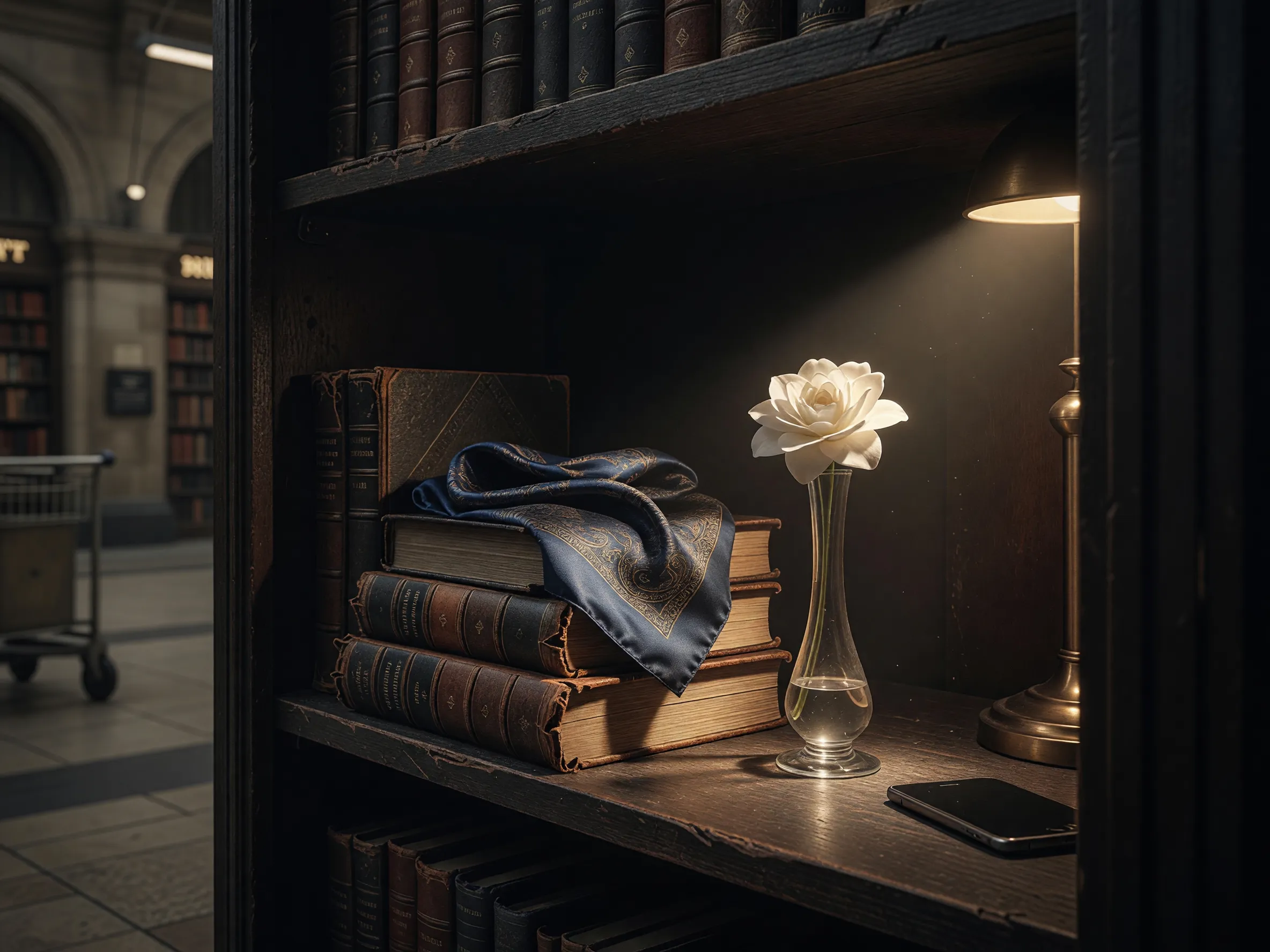 A silk fabric detail, a white flower, and a stack of old books on a dark wooden shelf under focused light.