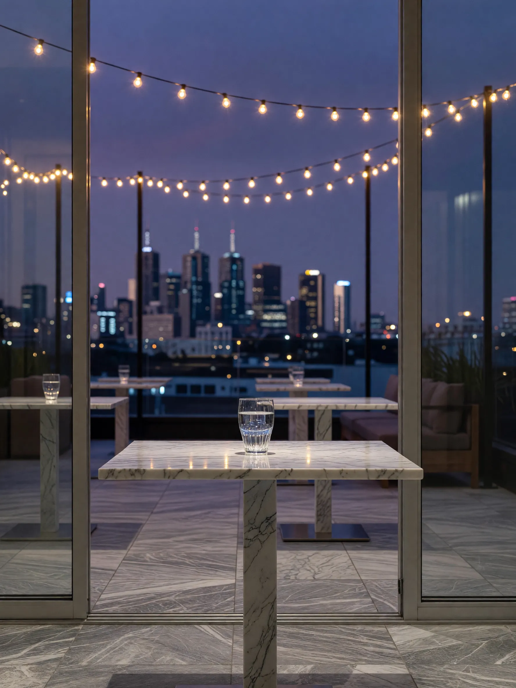 A sophisticated Melbourne rooftop lounge at night with a blurred city skyline.