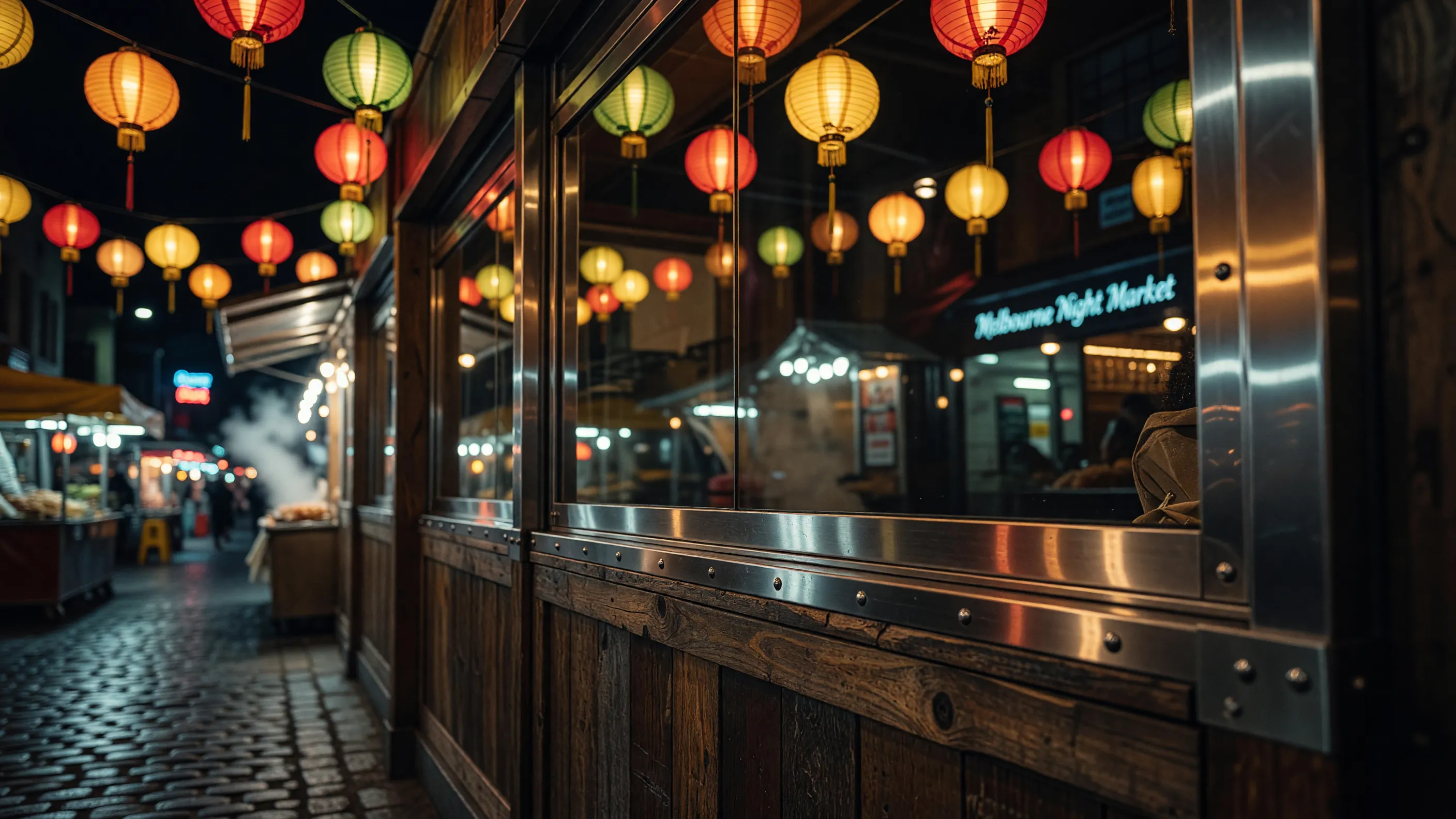A reflective display in a warm-lit night market laneway.