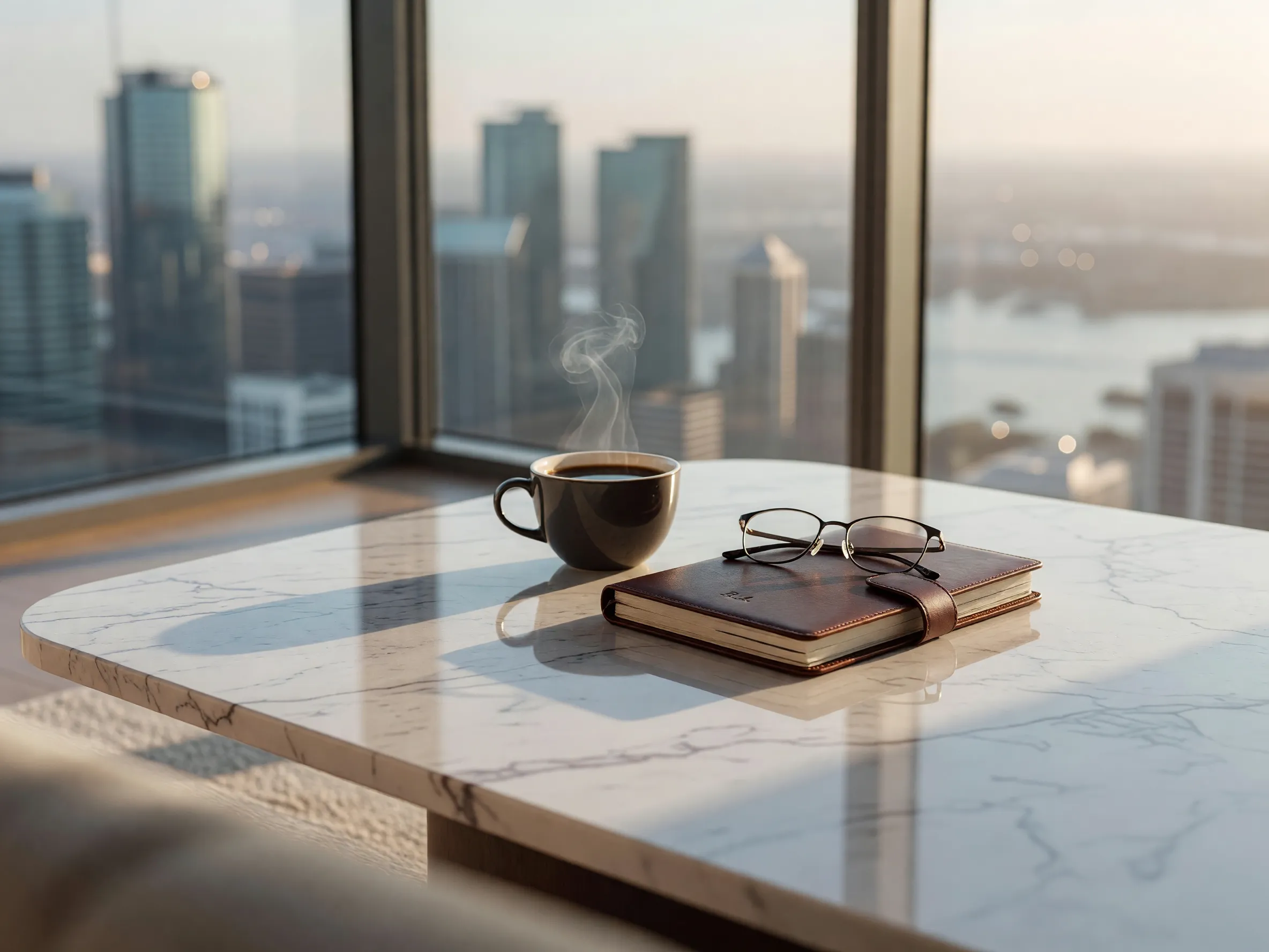 A sunlit apartment table with coffee and a planner overlooking Sydney.