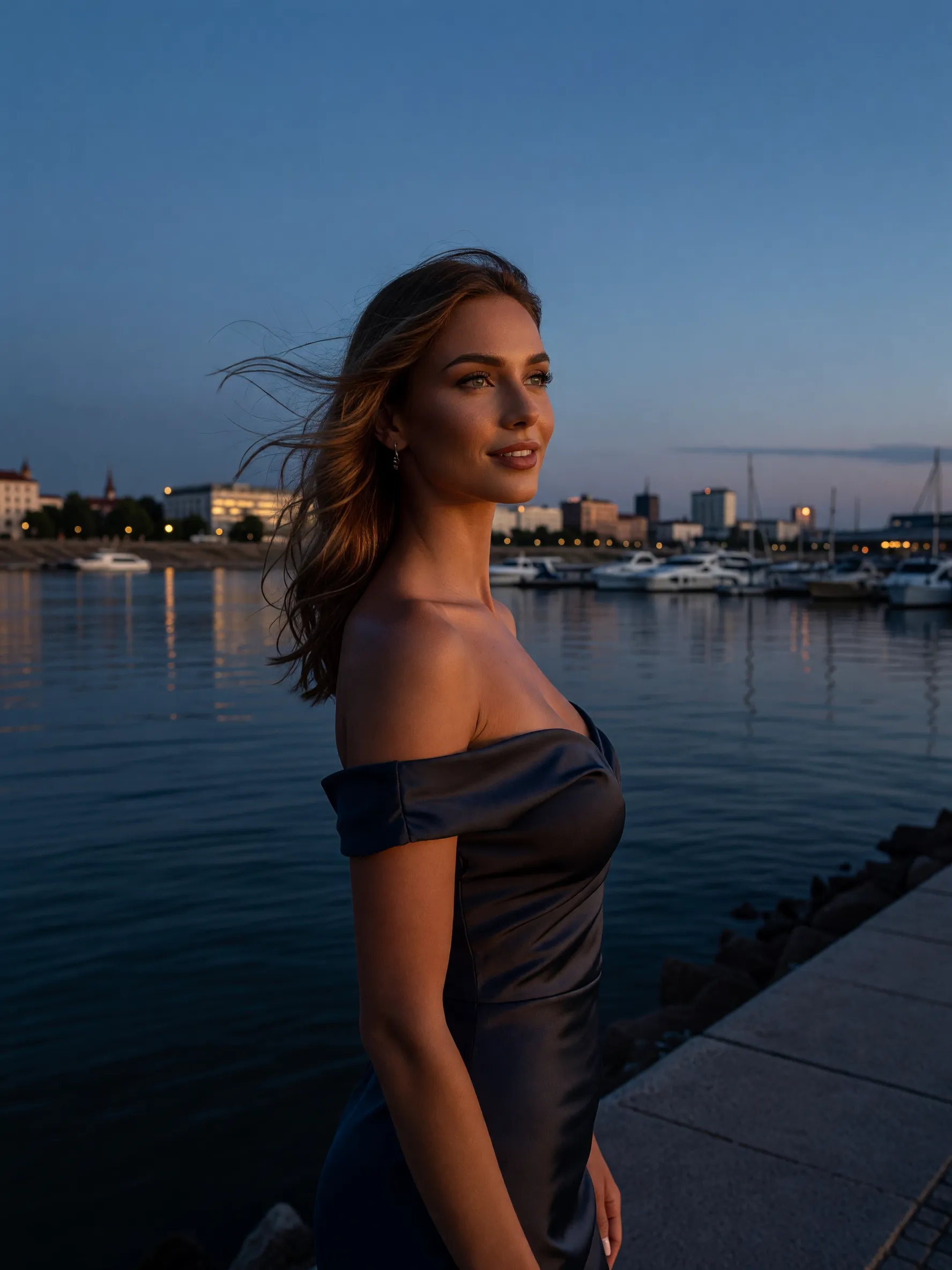 An alluring woman in a cocktail dress at a Bratislava riverside marina during the blue hour.
