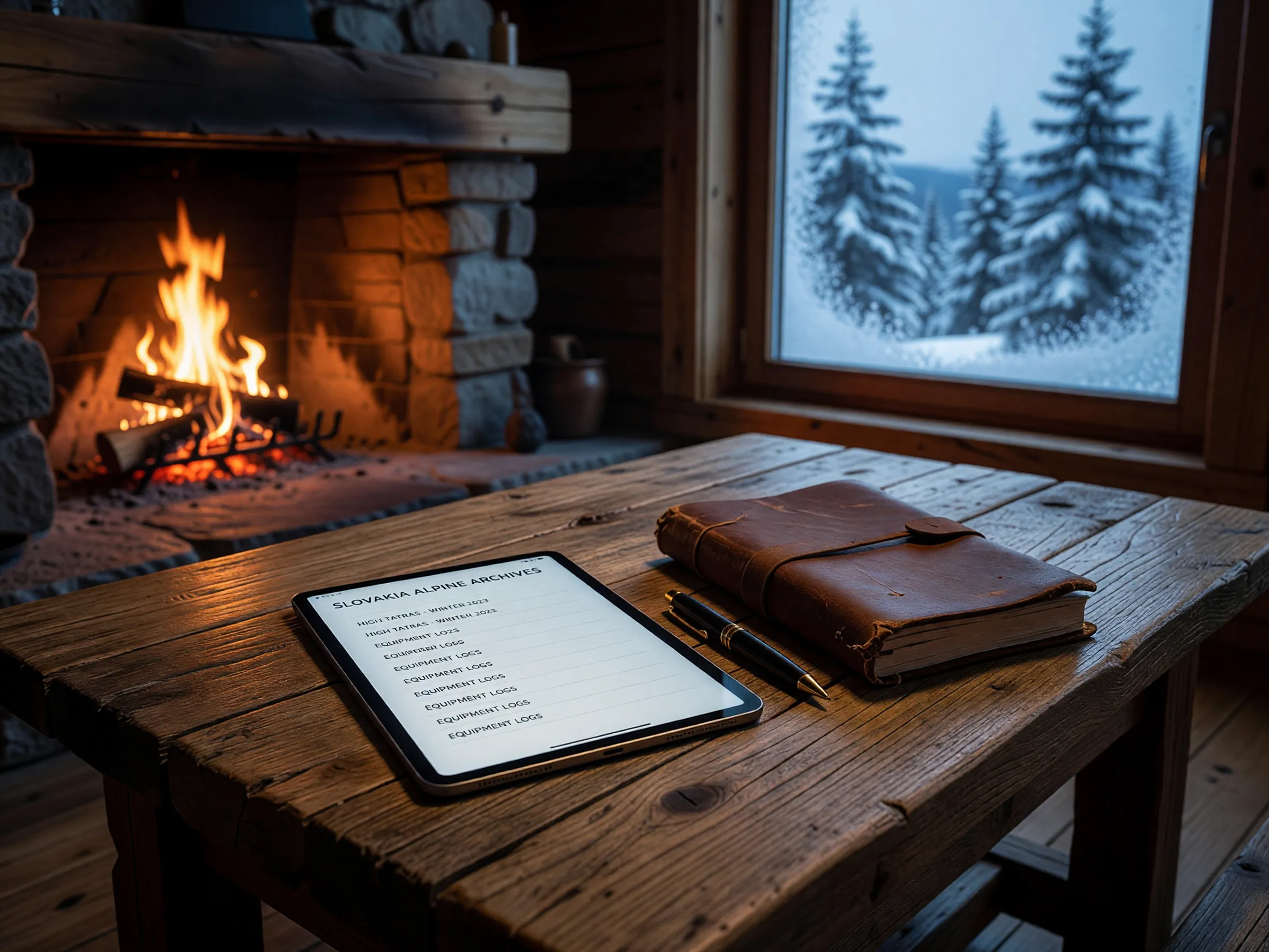 A high-end flat-lay featuring a tablet and travel journal in a cozy, snowy ski lodge setting.