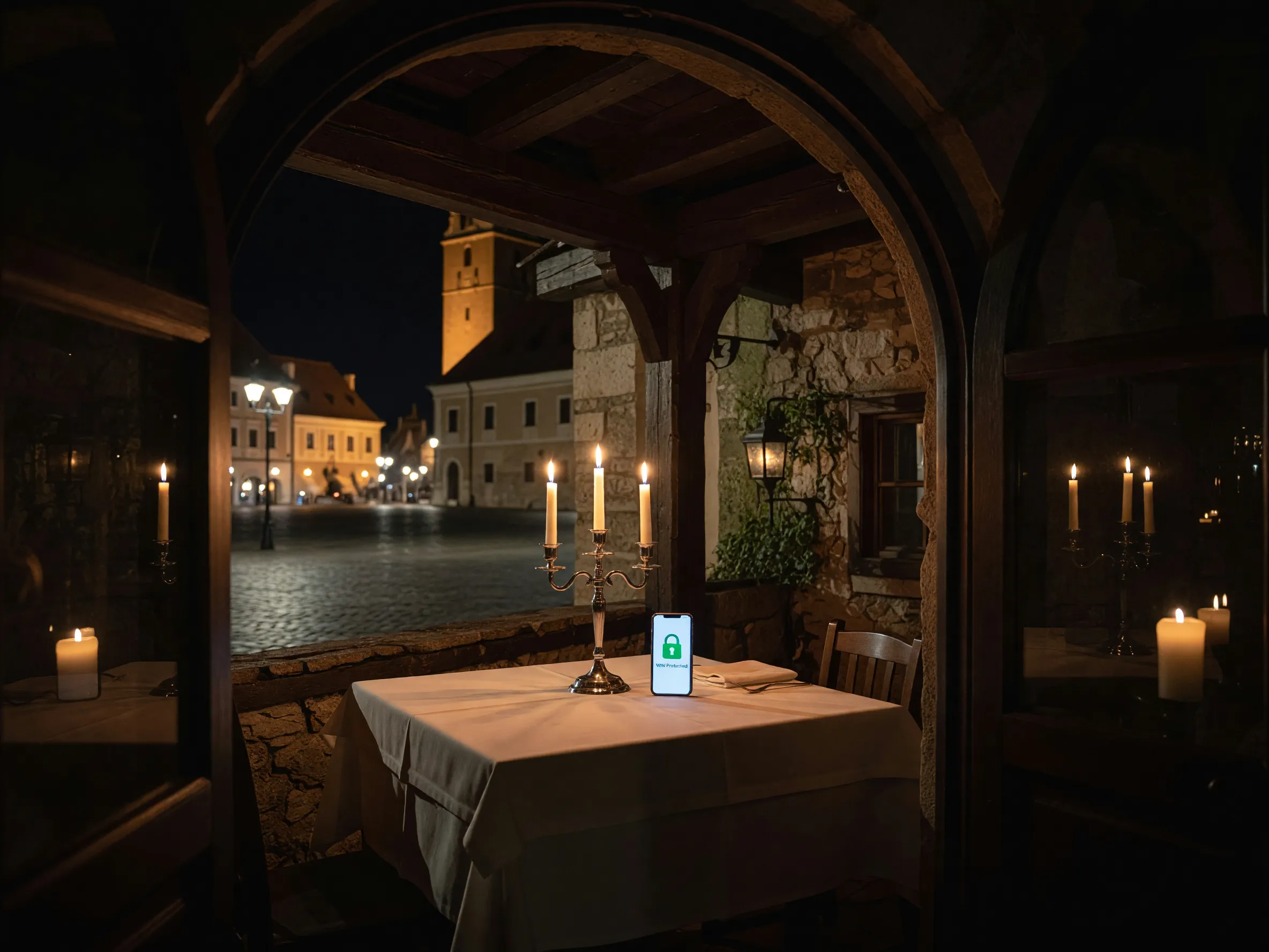A smartphone showing a VPN connection on a candlelit terrace in Brasov.