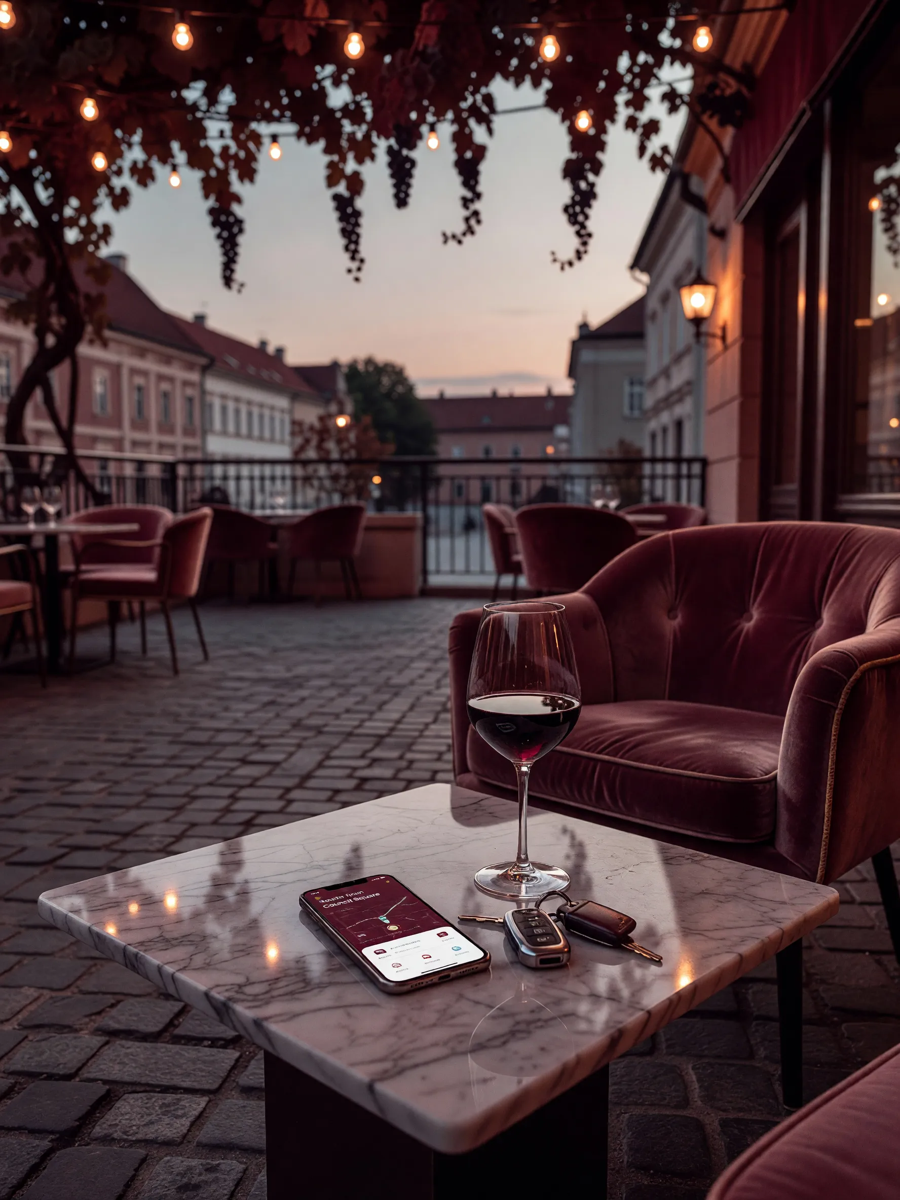 A ride-sharing app and wine glass on a marble table in a Brasov lounge.