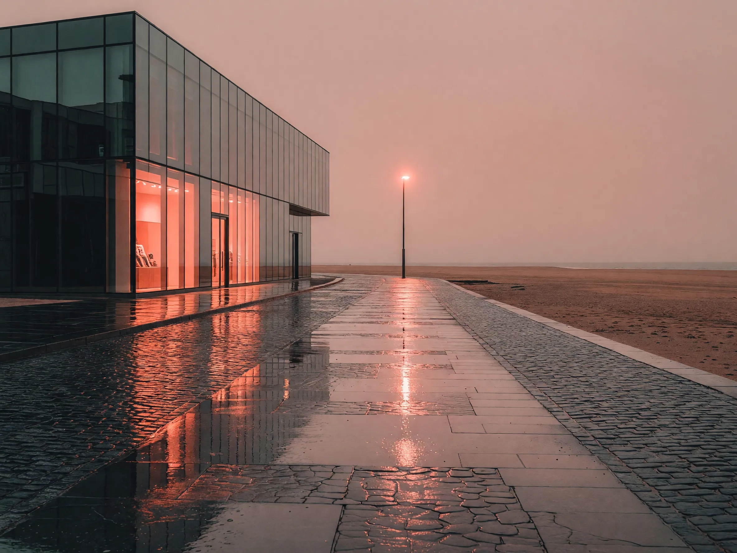 A moody, rain-slicked street in Santa Cruz de Tenerife with warm boutique lighting.