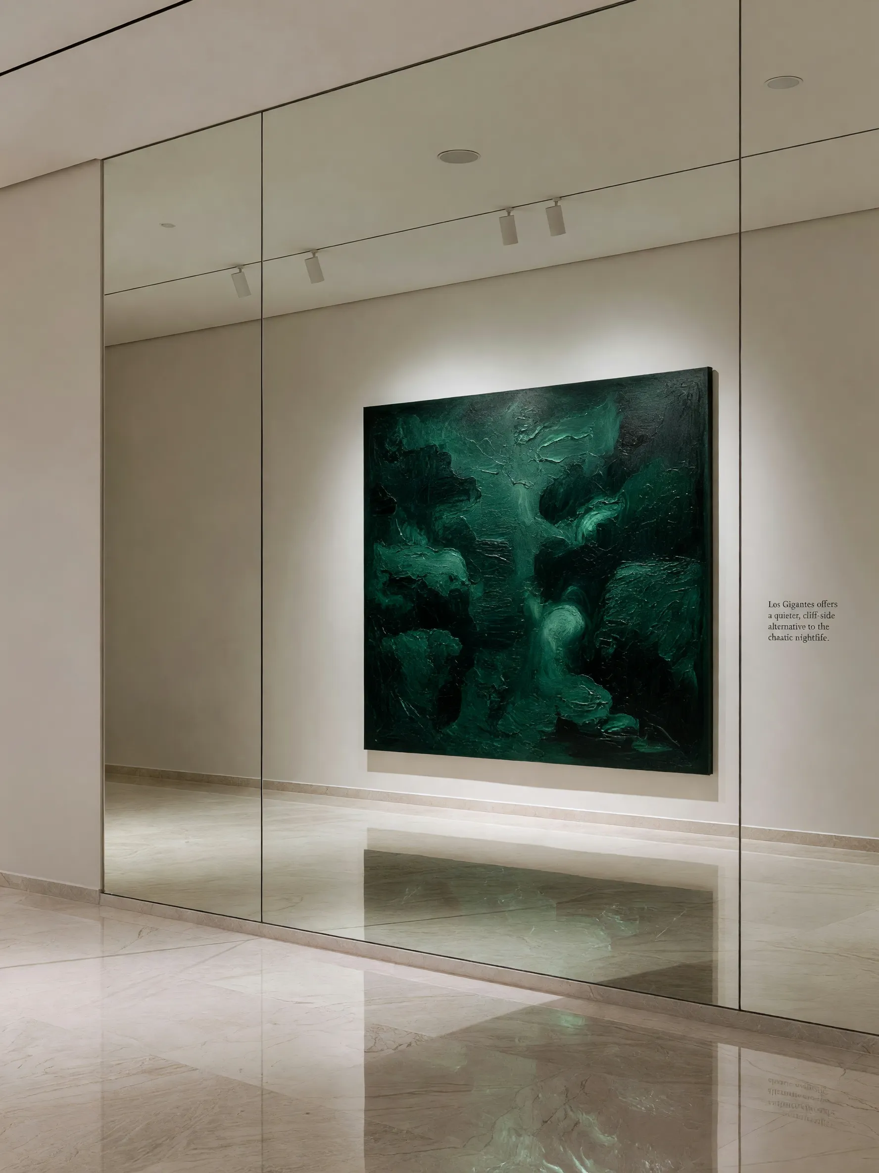 Minimalist art gallery interior in Tenerife with emerald and ivory accents.