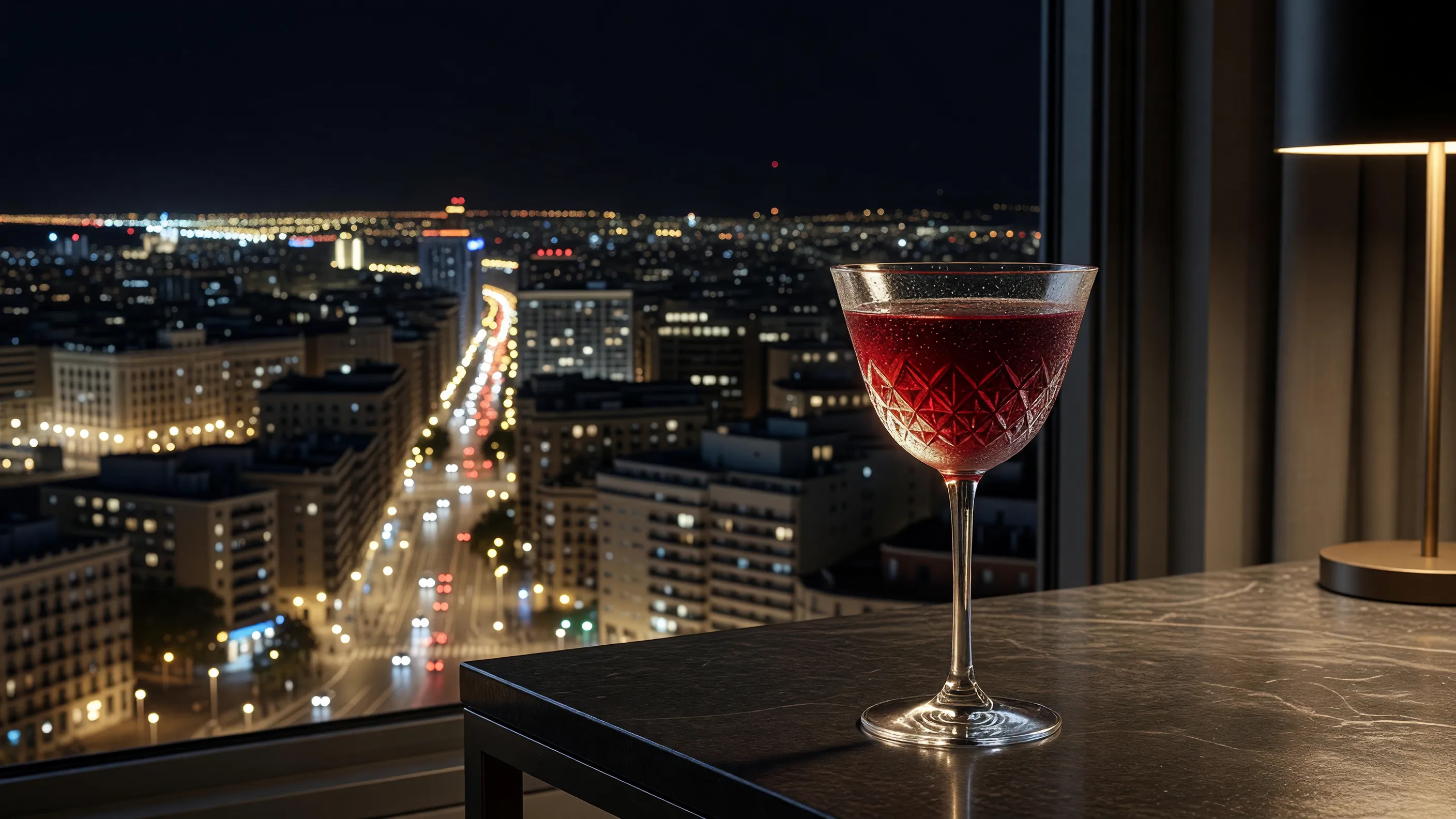 A scarlet cocktail on a graphite table overlooking a bokeh-filled city skyline at night.