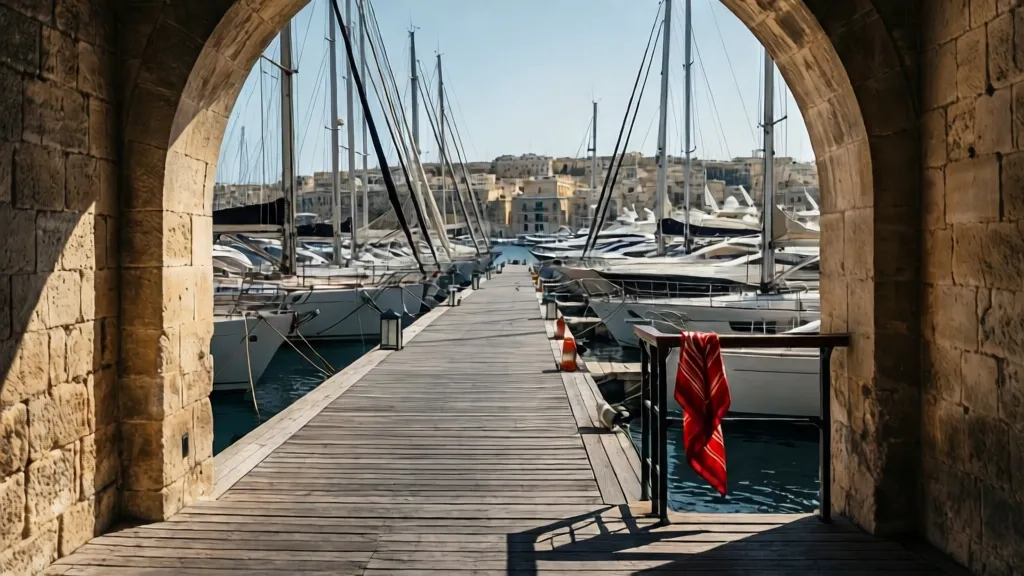 A limestone archway overlooking a yacht marina in Valletta, Malta.