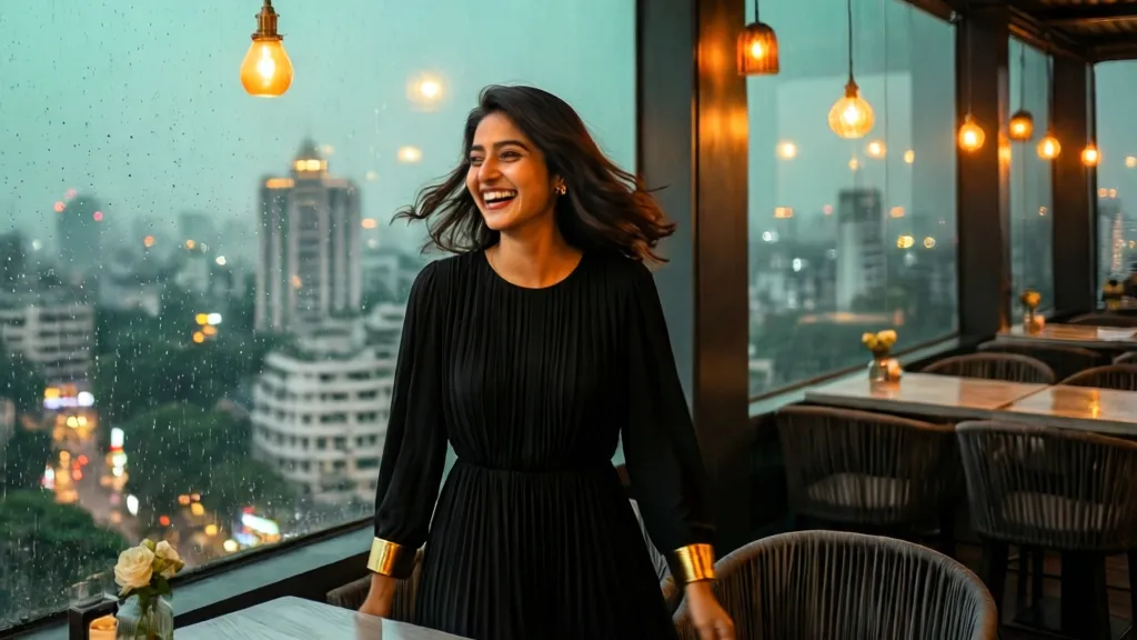Young woman laughing in a luxury Dhaka rooftop cafe at twilight