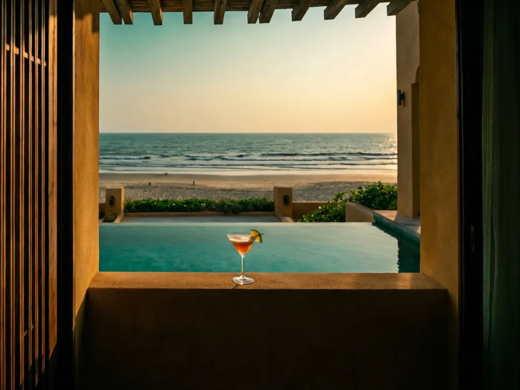 Sandstone resort terrace in Cox's Bazar at sunset with pool view