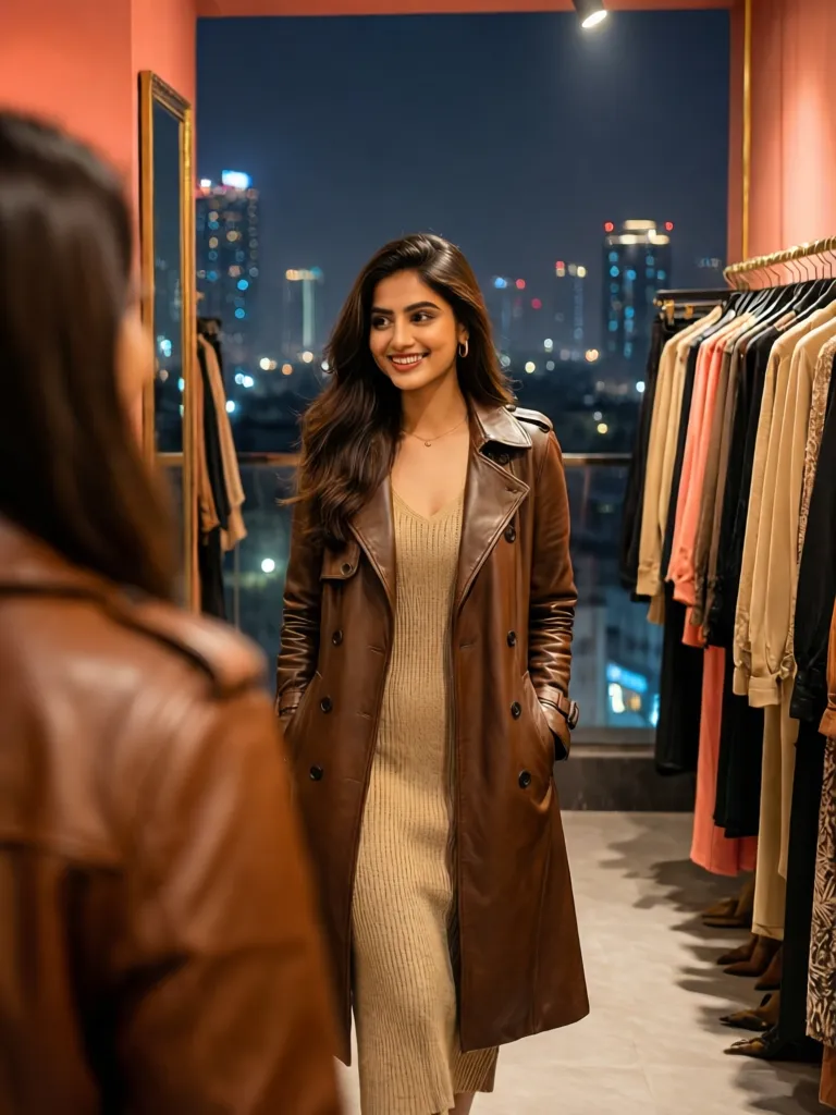 Fashionable young woman in a Dhaka boutique overlooking the city lights