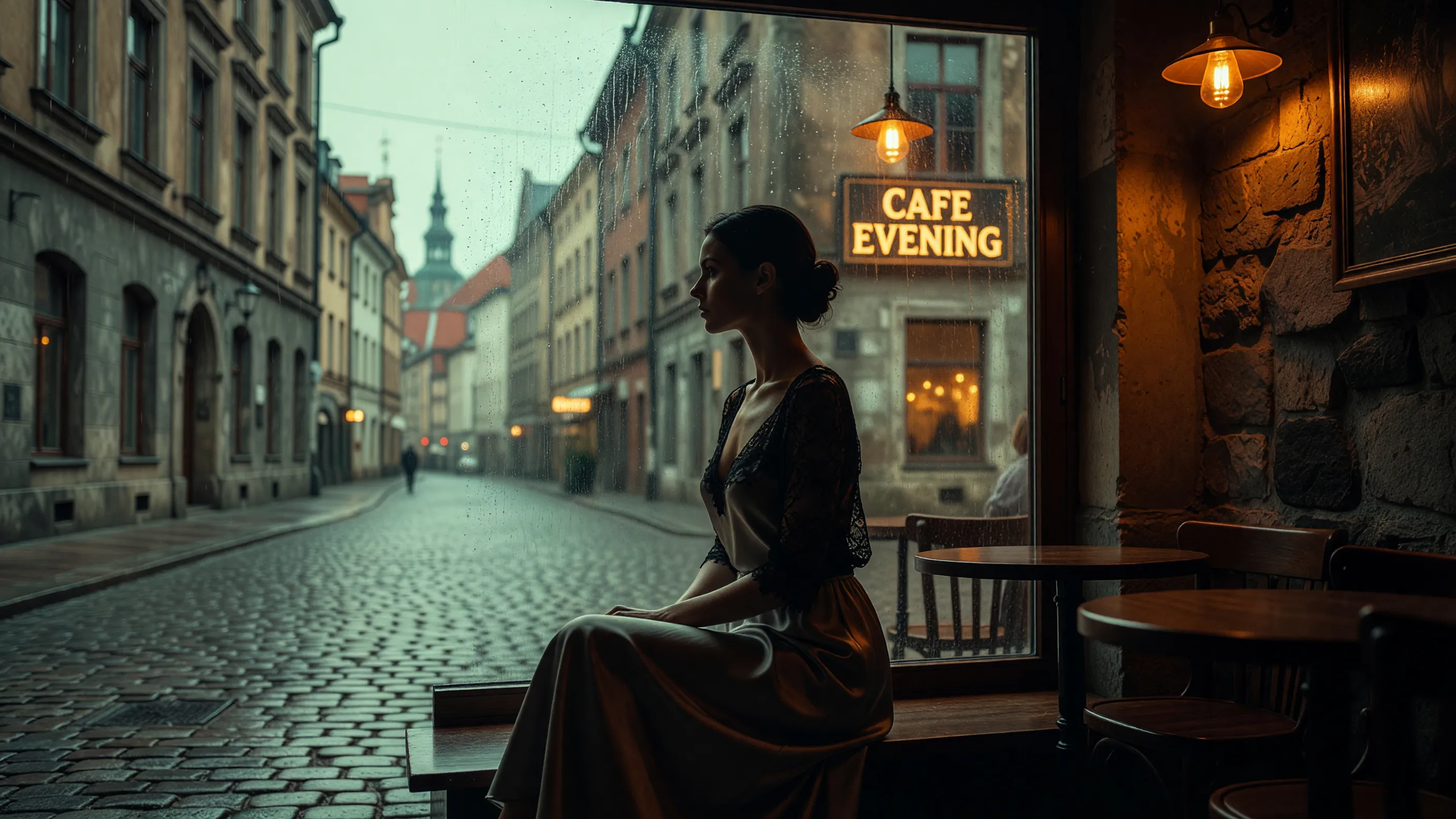 Sensual silhouette of a woman in a Riga cafe in the Old Town at night