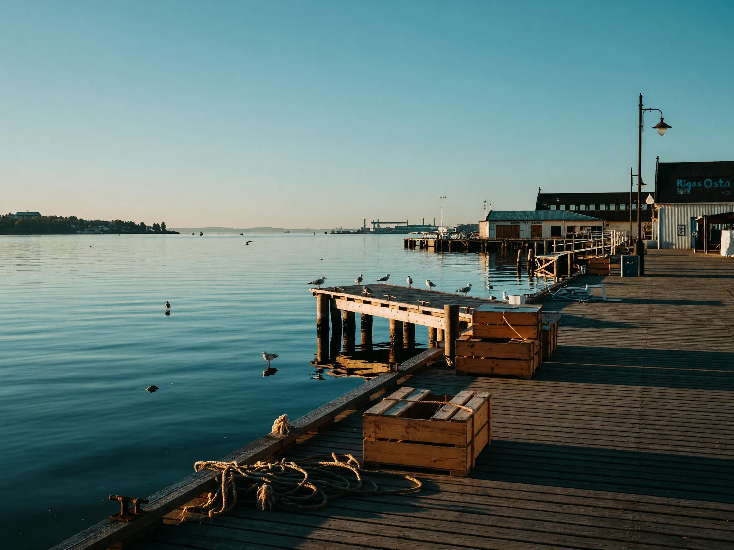 Atmospheric morning at a Riga fishing harbor with ropes and crates