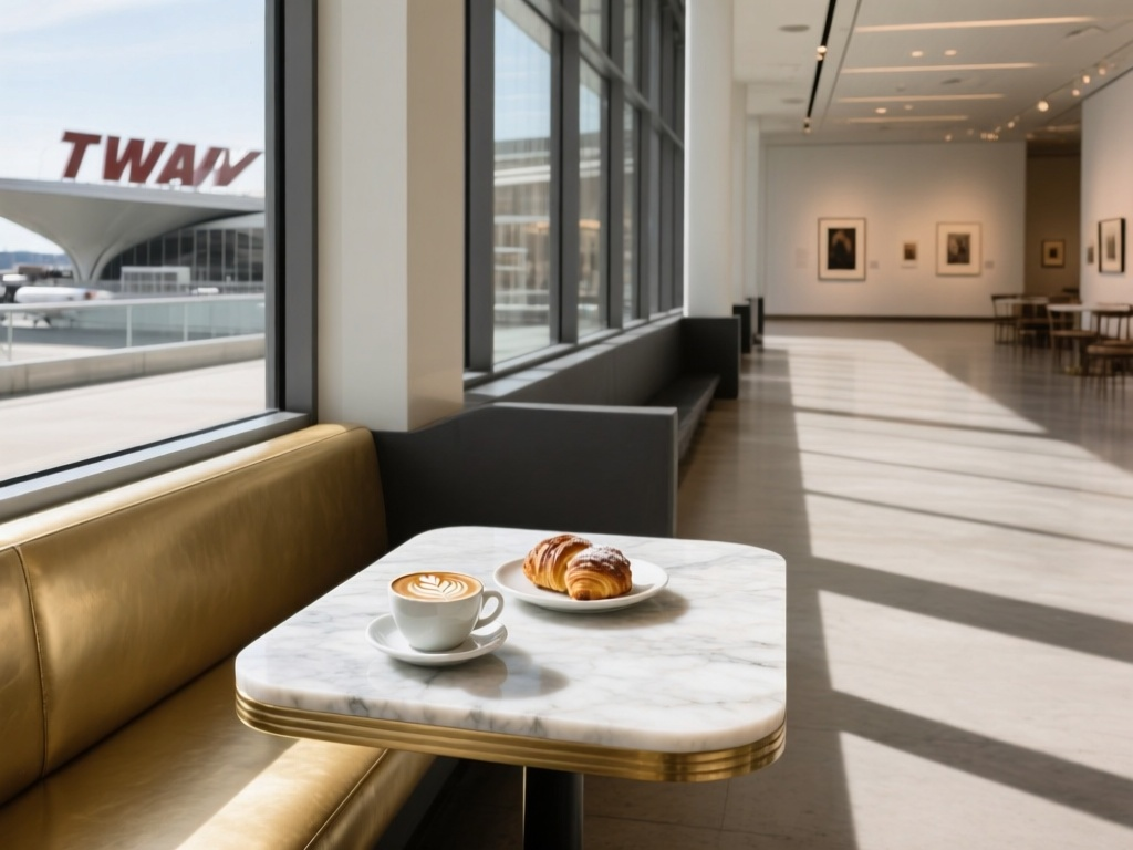 Minimalist cafe interior near JFK with marble table and latte art in a gallery-style setting.