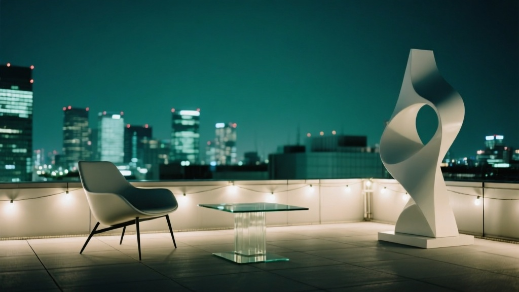 Empty luxury rooftop lounge in Osaka Kita at night with emerald skyline view.